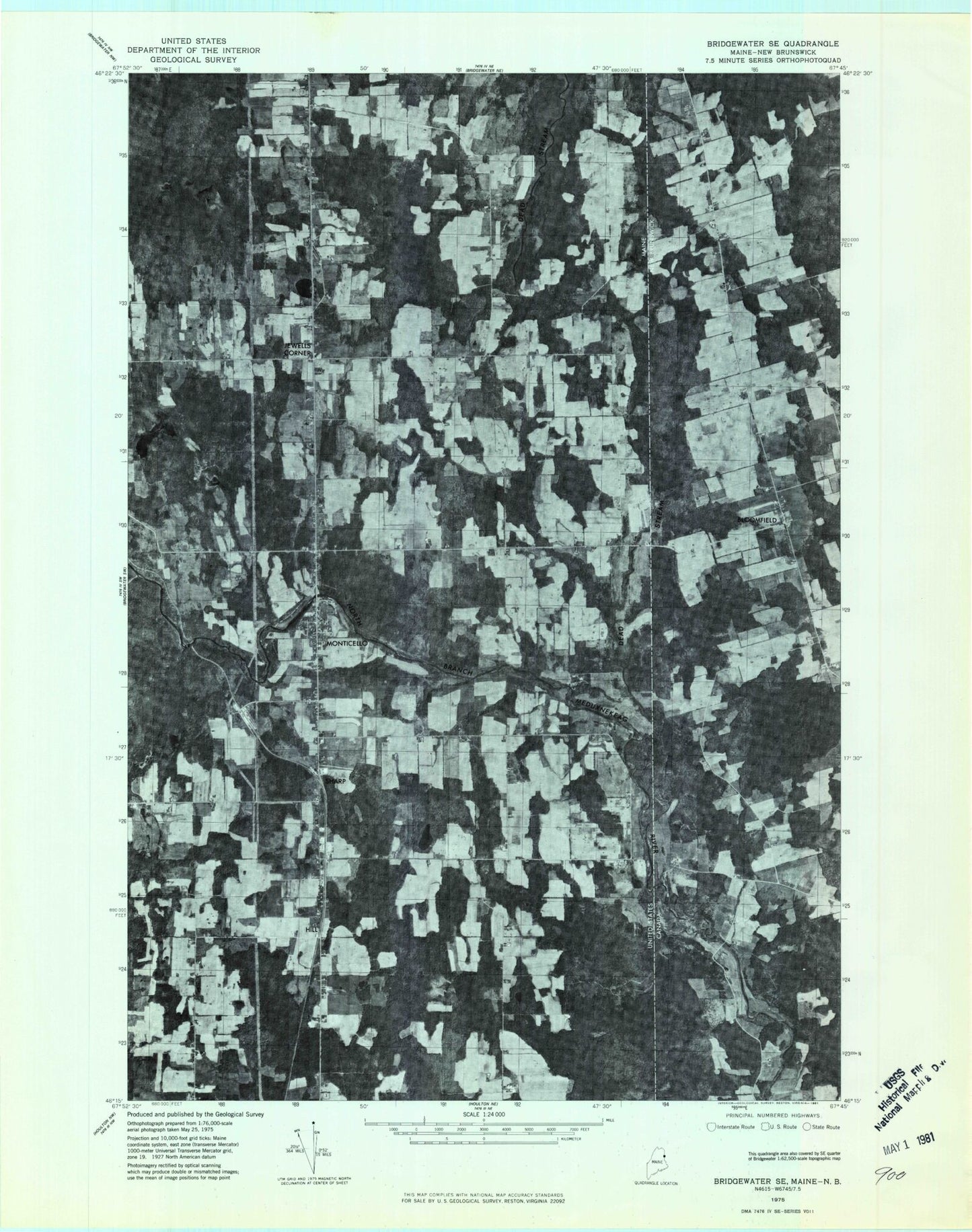 Classic USGS Monticello Maine 7.5'x7.5' Topo Map Image