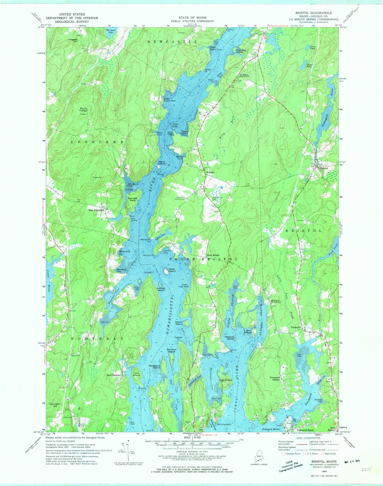 Classic USGS Bristol Maine 7.5'x7.5' Topo Map Image