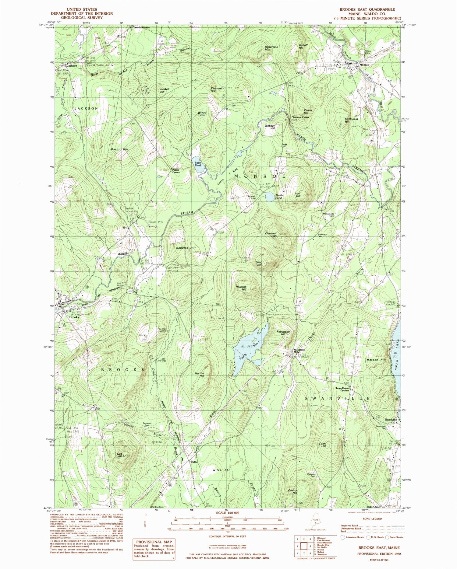 Classic USGS Brooks East Maine 7.5'x7.5' Topo Map Image