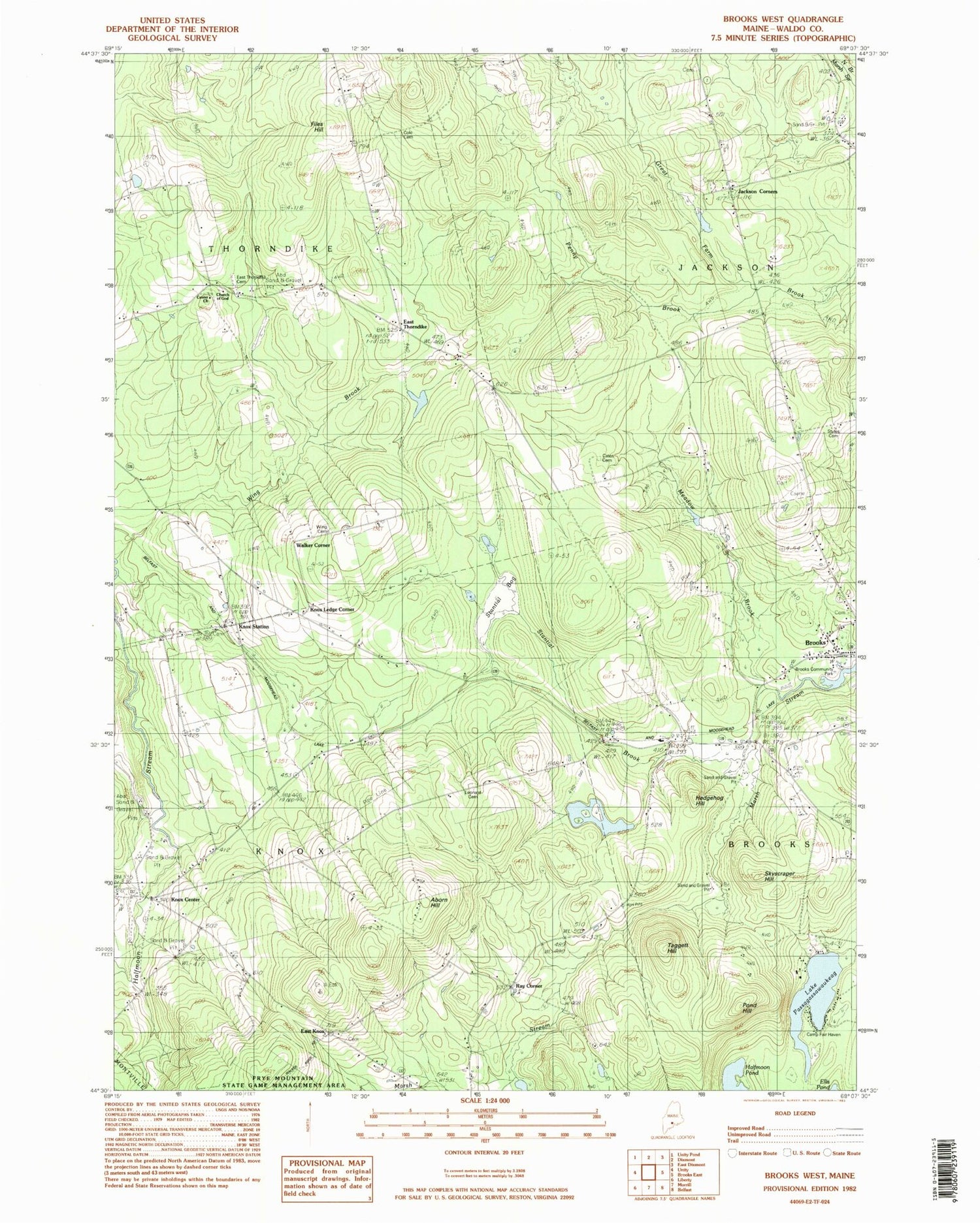 Classic USGS Brooks West Maine 7.5'x7.5' Topo Map Image