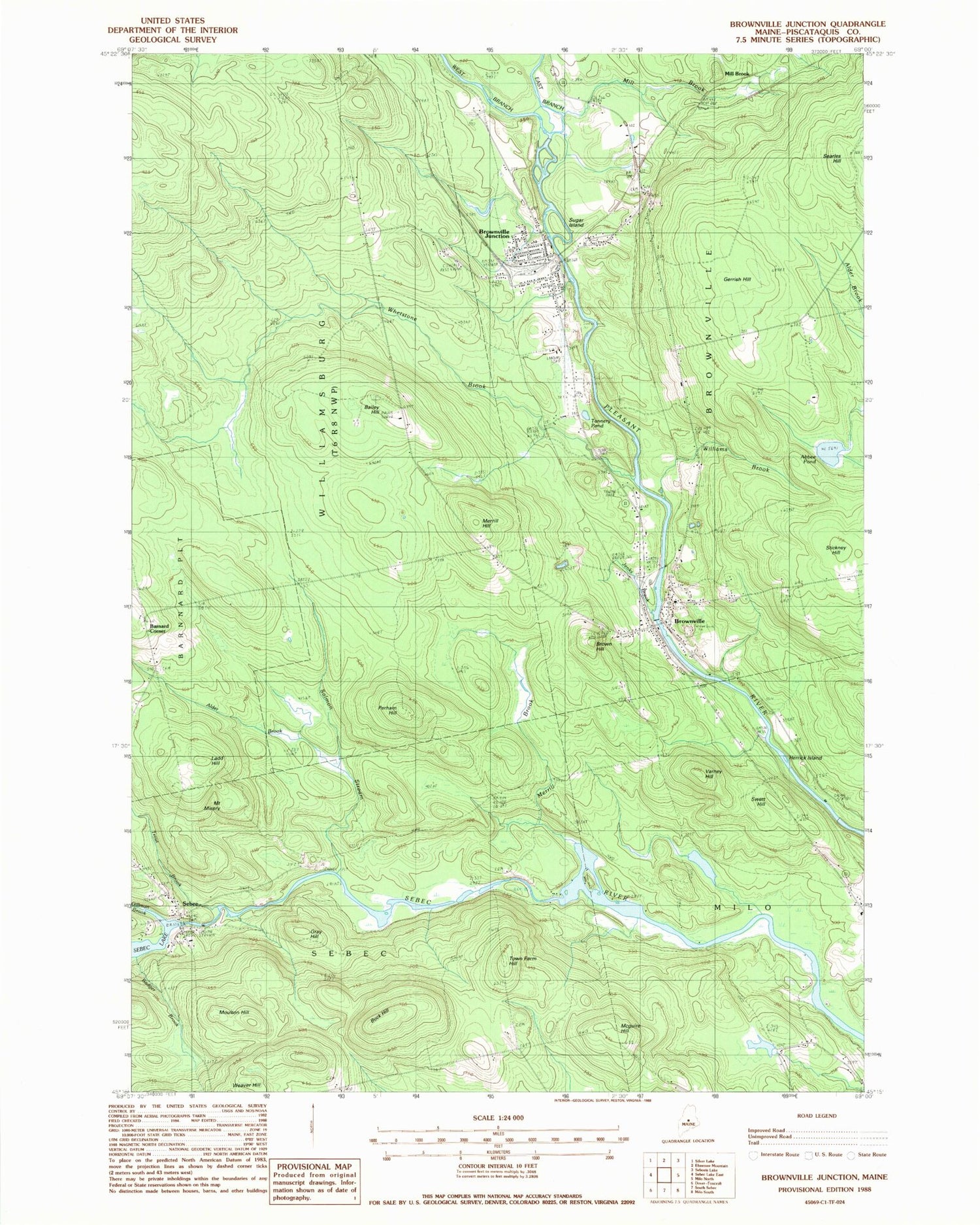 Classic USGS Brownville Junction Maine 7.5'x7.5' Topo Map Image