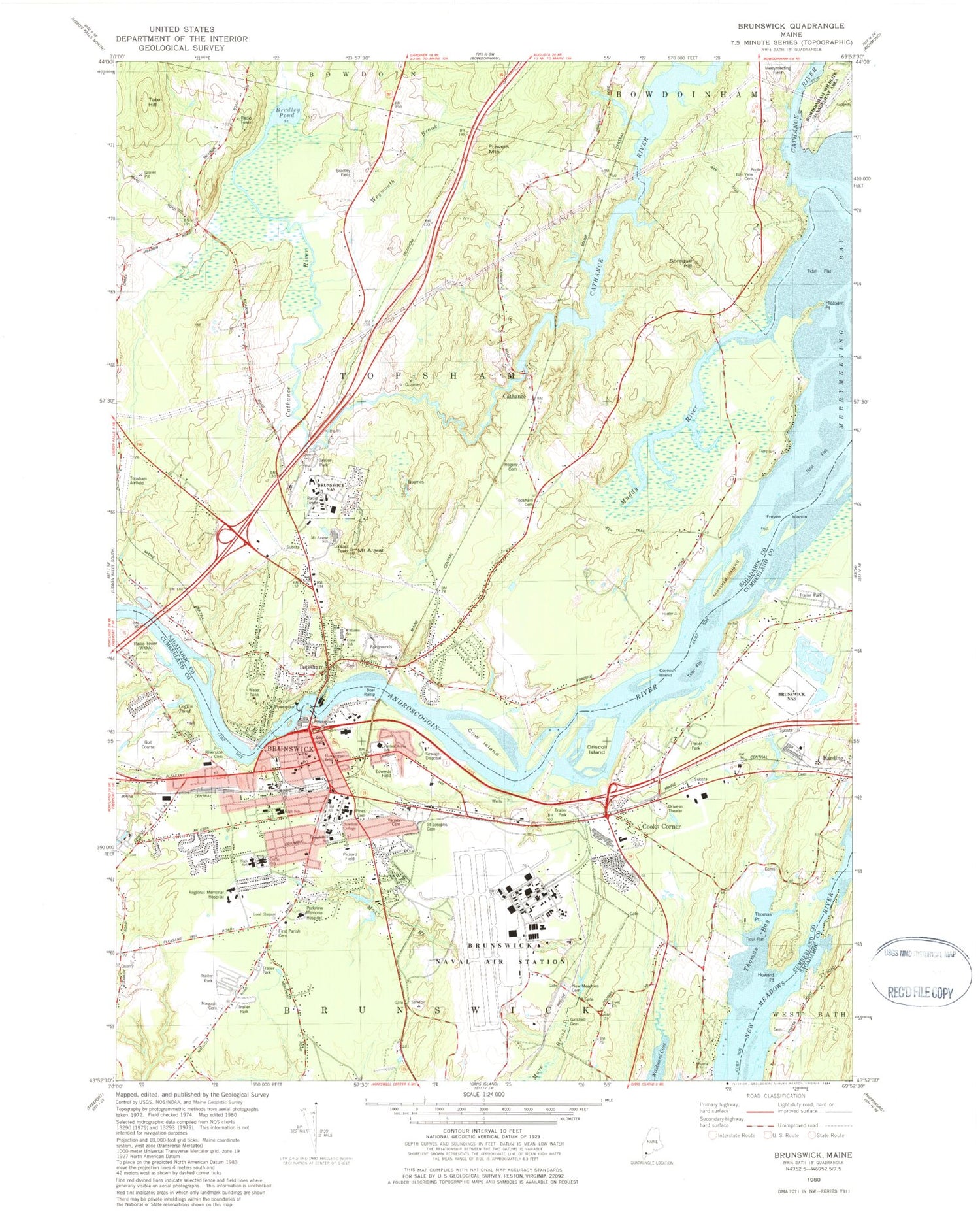 Classic USGS Brunswick Maine 7.5'x7.5' Topo Map Image