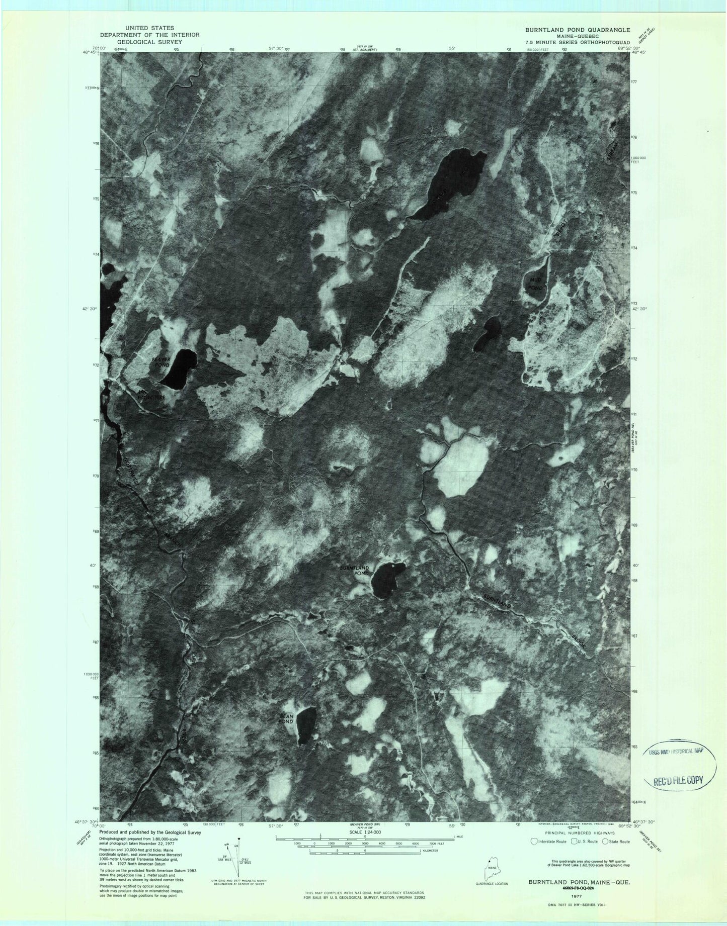 Classic USGS Burntland Pond Maine 7.5'x7.5' Topo Map Image