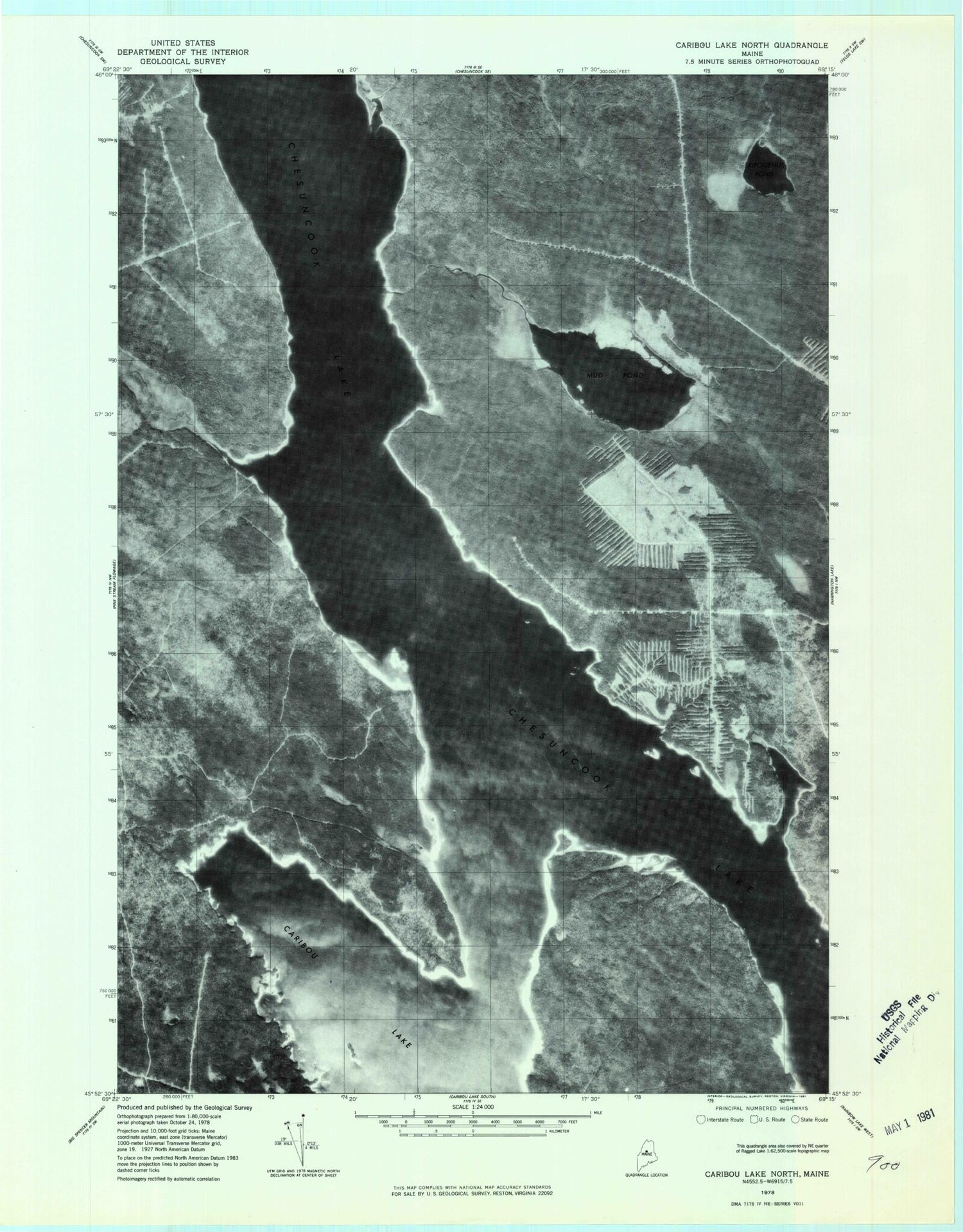 Classic USGS Caribou Lake North Maine 7.5'x7.5' Topo Map Image