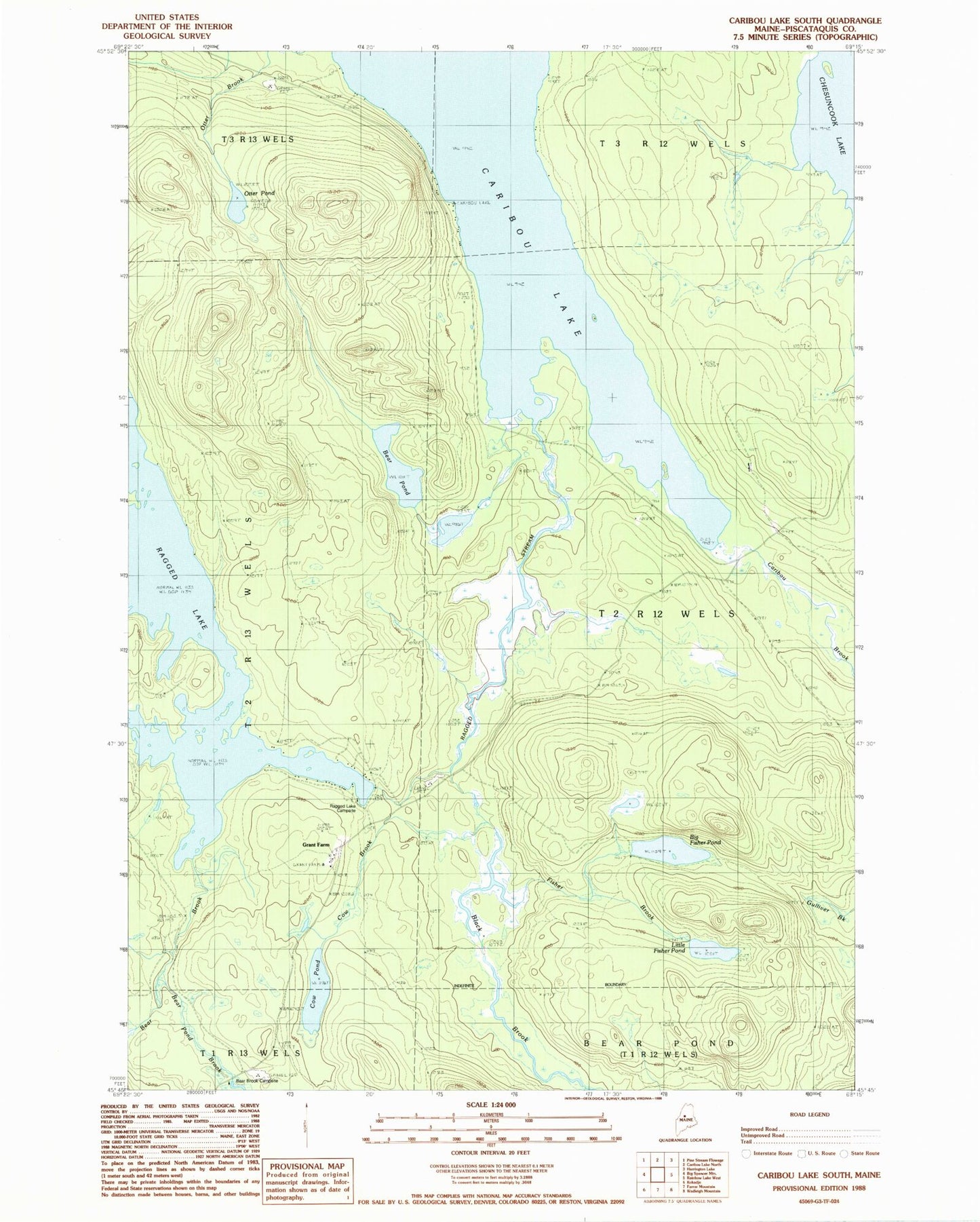 Classic USGS Caribou Lake South Maine 7.5'x7.5' Topo Map Image