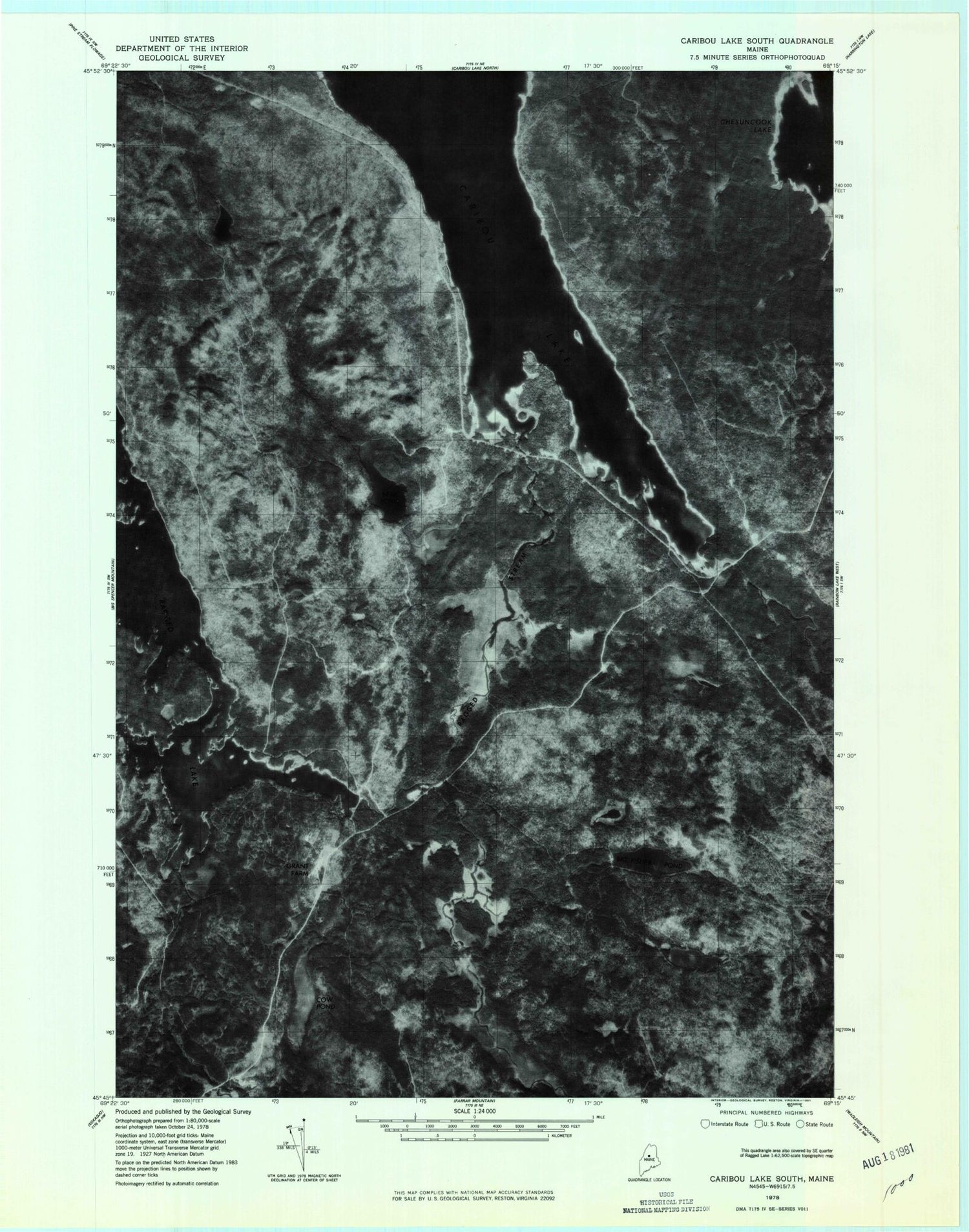 Classic USGS Caribou Lake South Maine 7.5'x7.5' Topo Map Image
