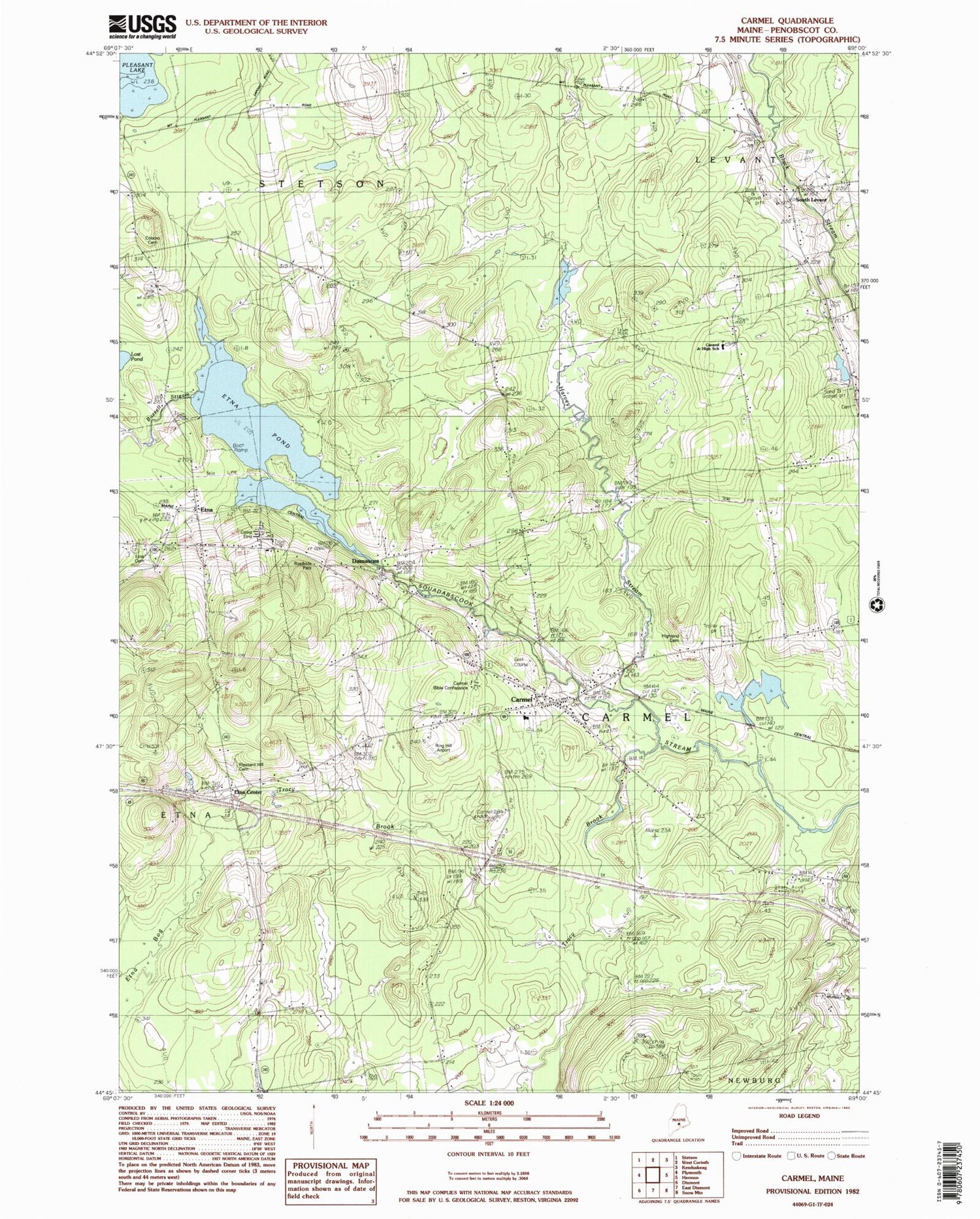 Classic USGS Carmel Maine 7.5'x7.5' Topo Map Image