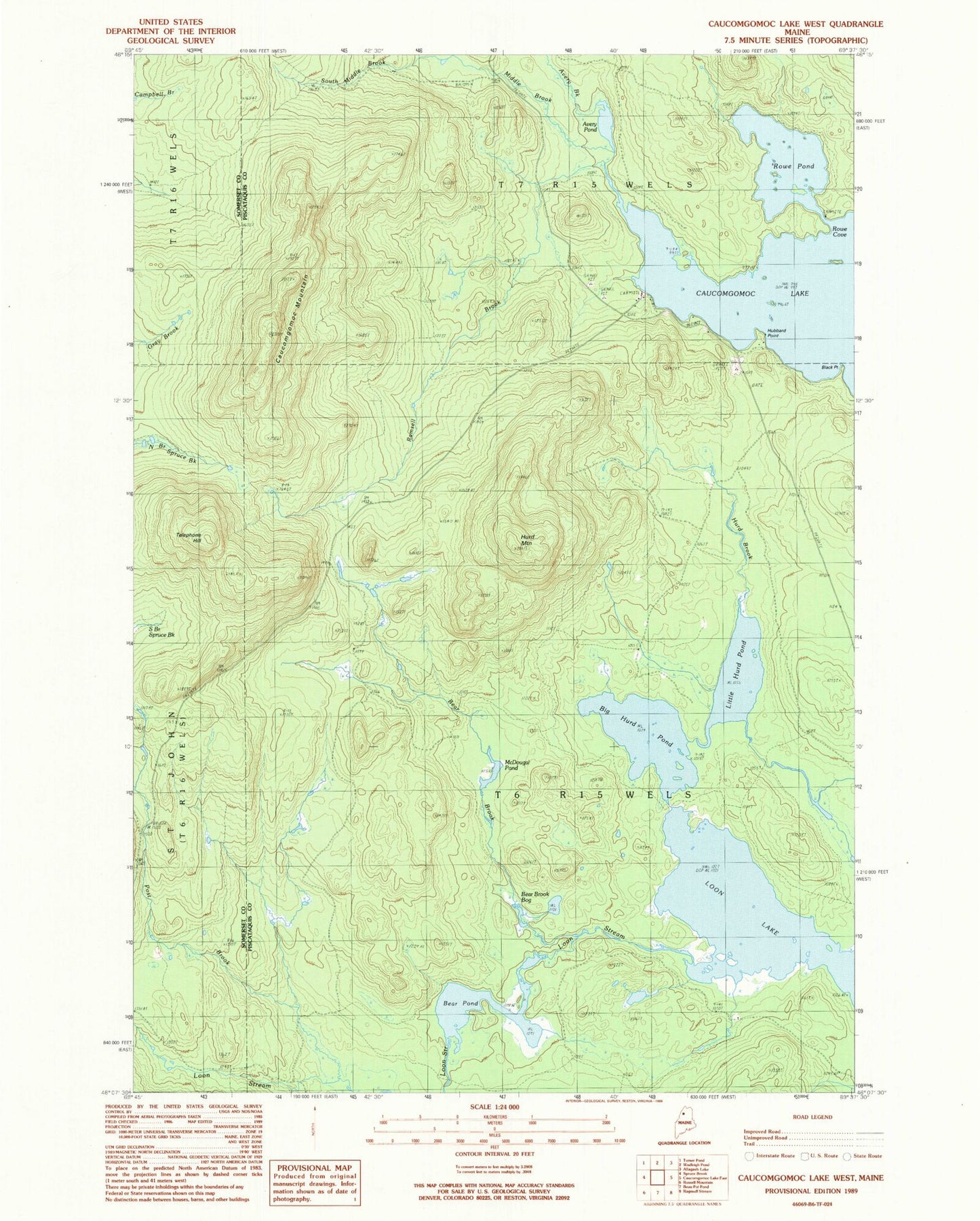 Classic USGS Caucomgomoc Lake West Maine 7.5'x7.5' Topo Map Image