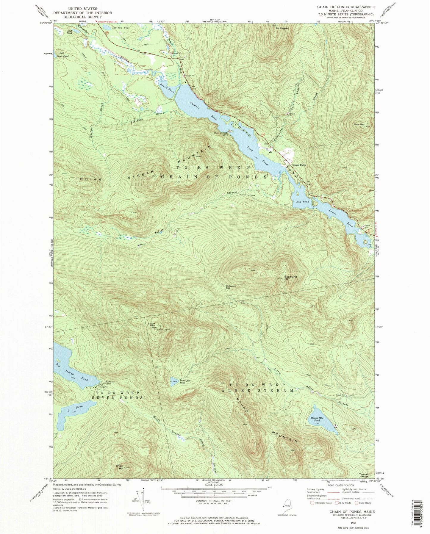 Classic USGS Chain of Ponds Maine 7.5'x7.5' Topo Map Image