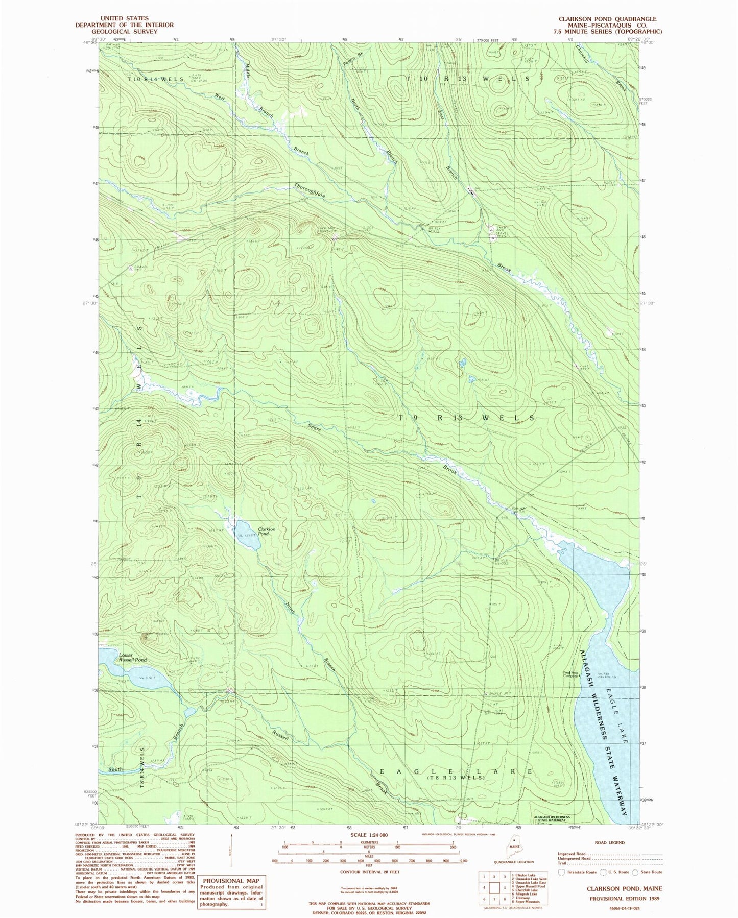 Classic USGS Clarkson Pond Maine 7.5'x7.5' Topo Map Image