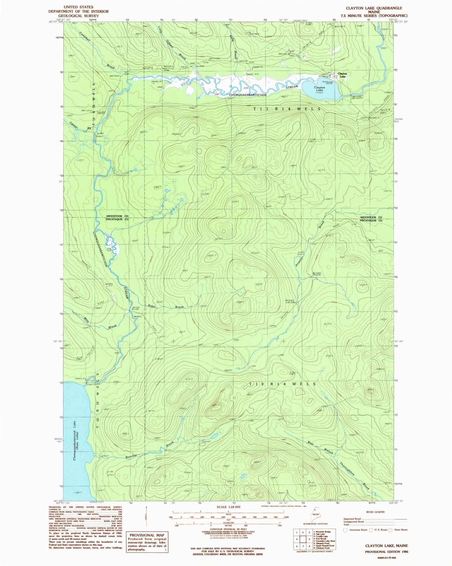 Classic USGS Clayton Lake Maine 7.5'x7.5' Topo Map Image