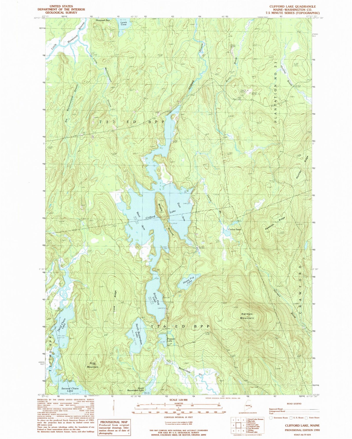 Classic USGS Clifford Lake Maine 7.5'x7.5' Topo Map Image