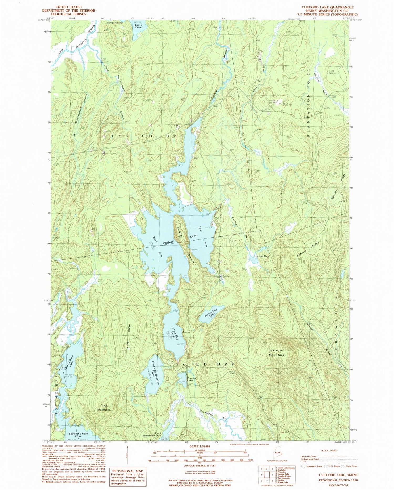 Classic USGS Clifford Lake Maine 7.5'x7.5' Topo Map Image