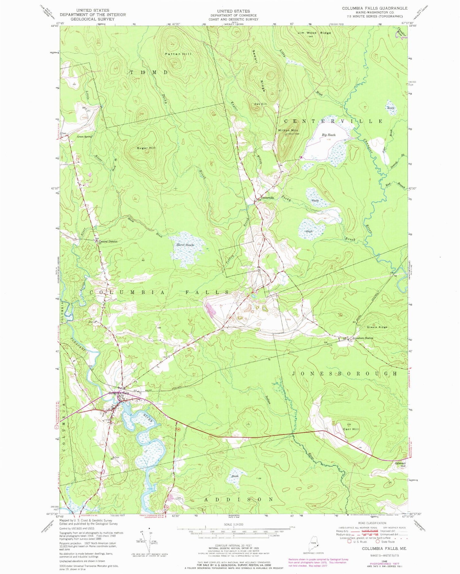 Classic USGS Columbia Falls Maine 7.5'x7.5' Topo Map Image