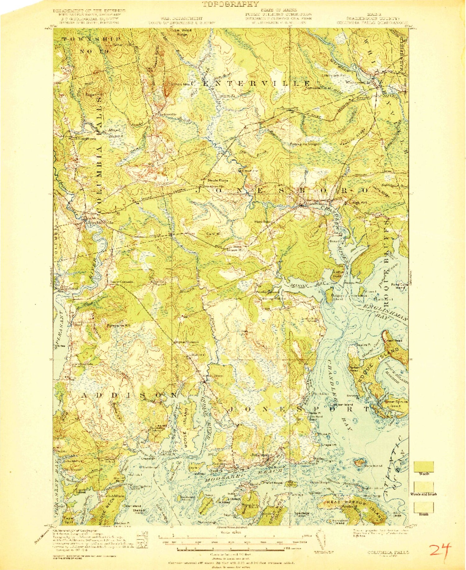 Classic USGS Columbia Falls Maine 7.5'x7.5' Topo Map Image