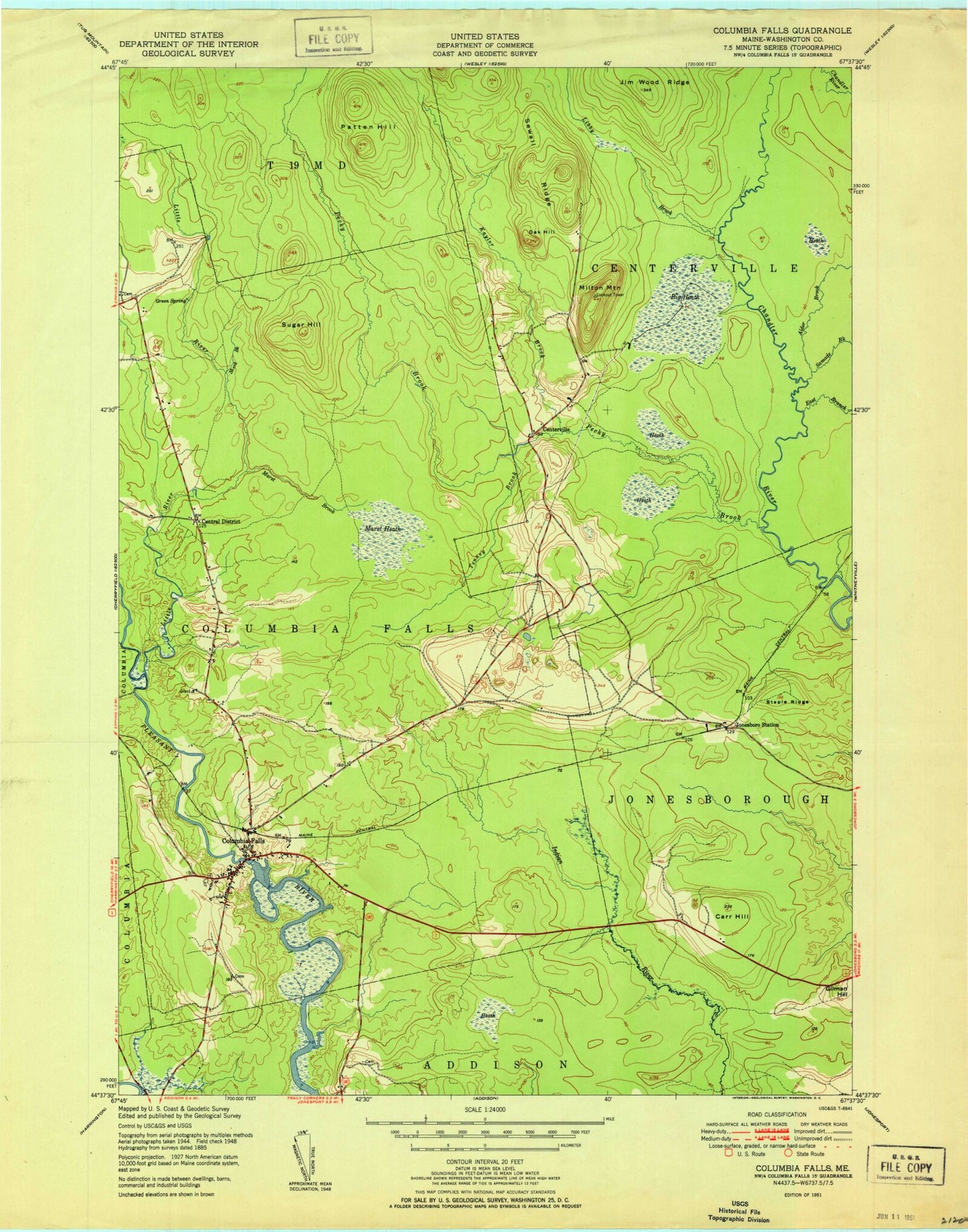 Classic USGS Columbia Falls Maine 7.5'x7.5' Topo Map Image