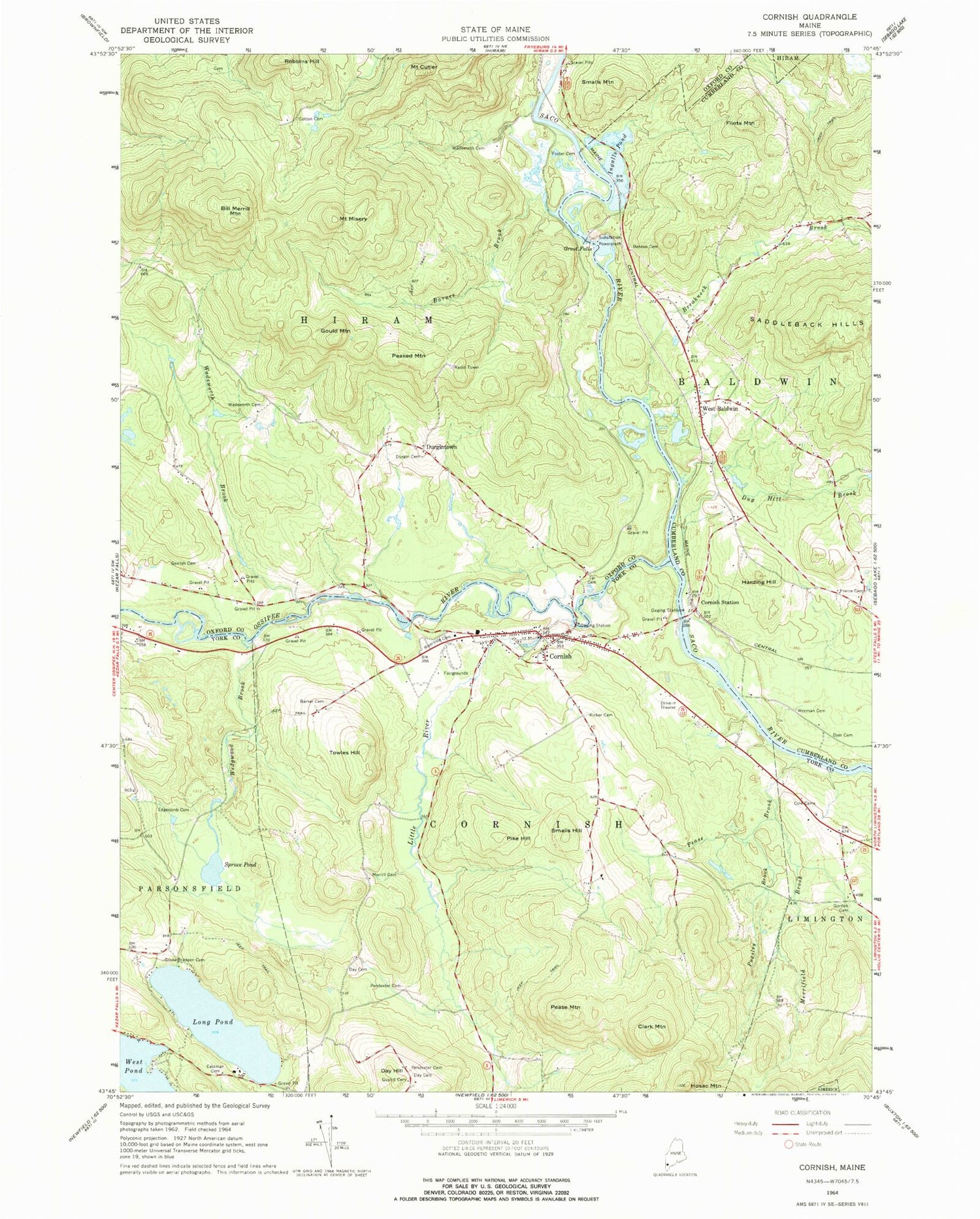 Classic USGS Cornish Maine 7.5'x7.5' Topo Map Image