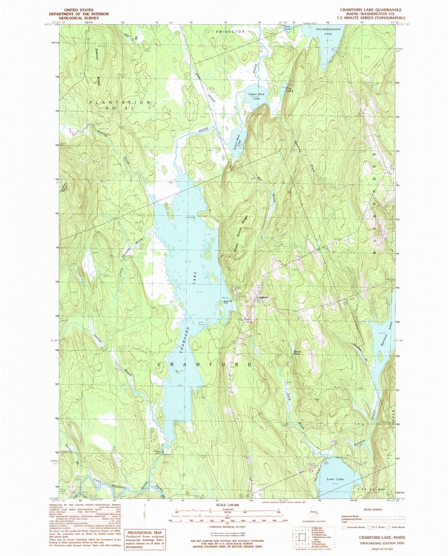 Classic USGS Crawford Lake Maine 7.5'x7.5' Topo Map Image