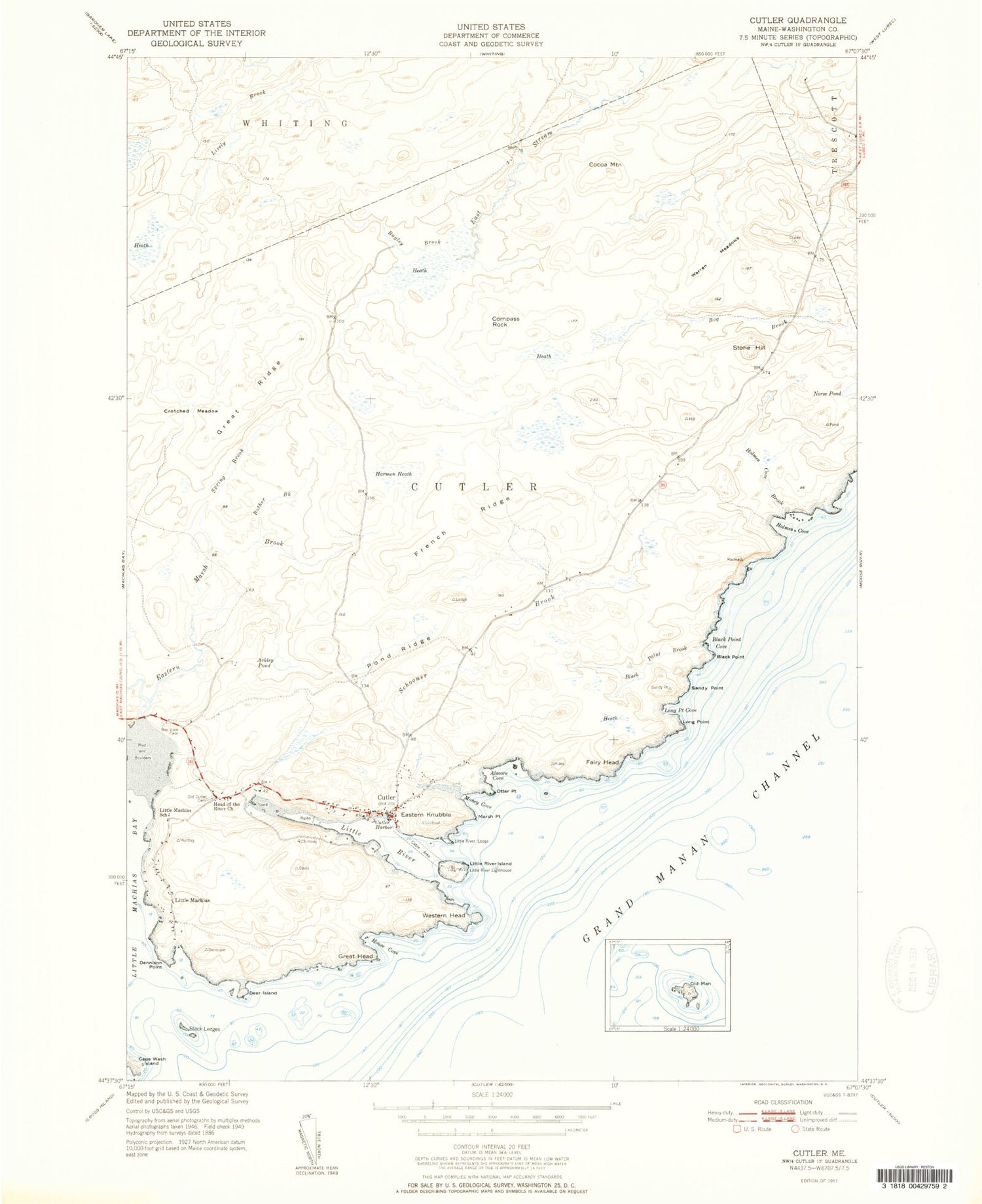 Classic USGS Cutler Maine 7.5'x7.5' Topo Map Image
