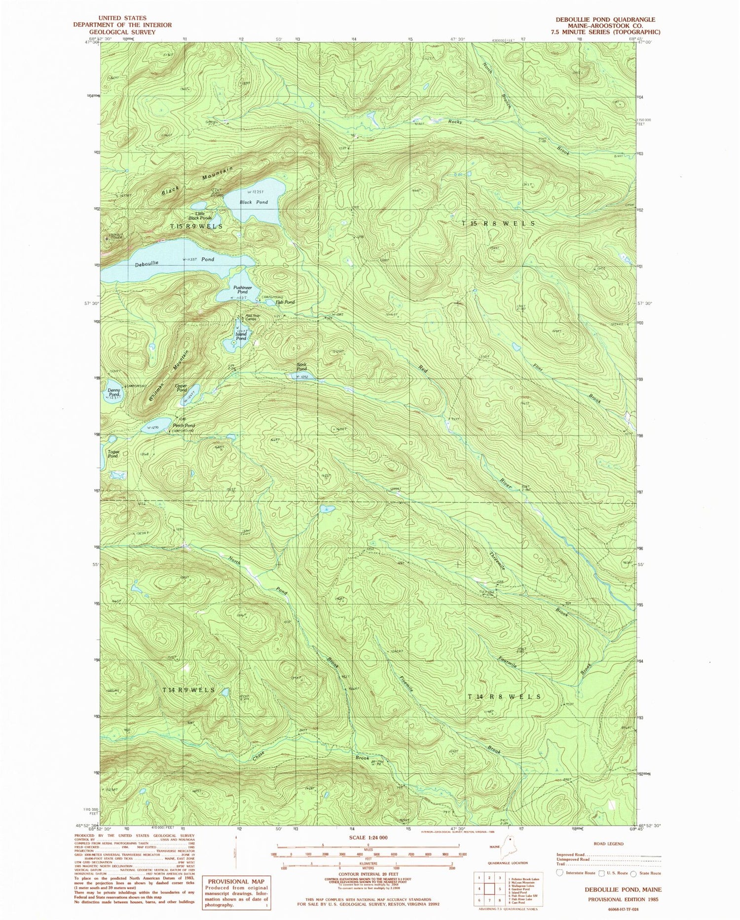 Classic USGS Deboullie Pond Maine 7.5'x7.5' Topo Map Image