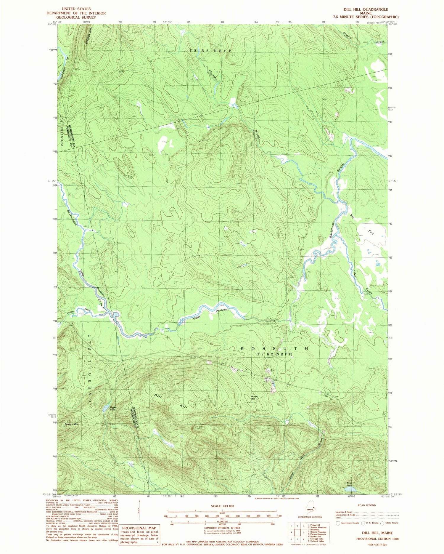Classic USGS Dill Hill Maine 7.5'x7.5' Topo Map Image