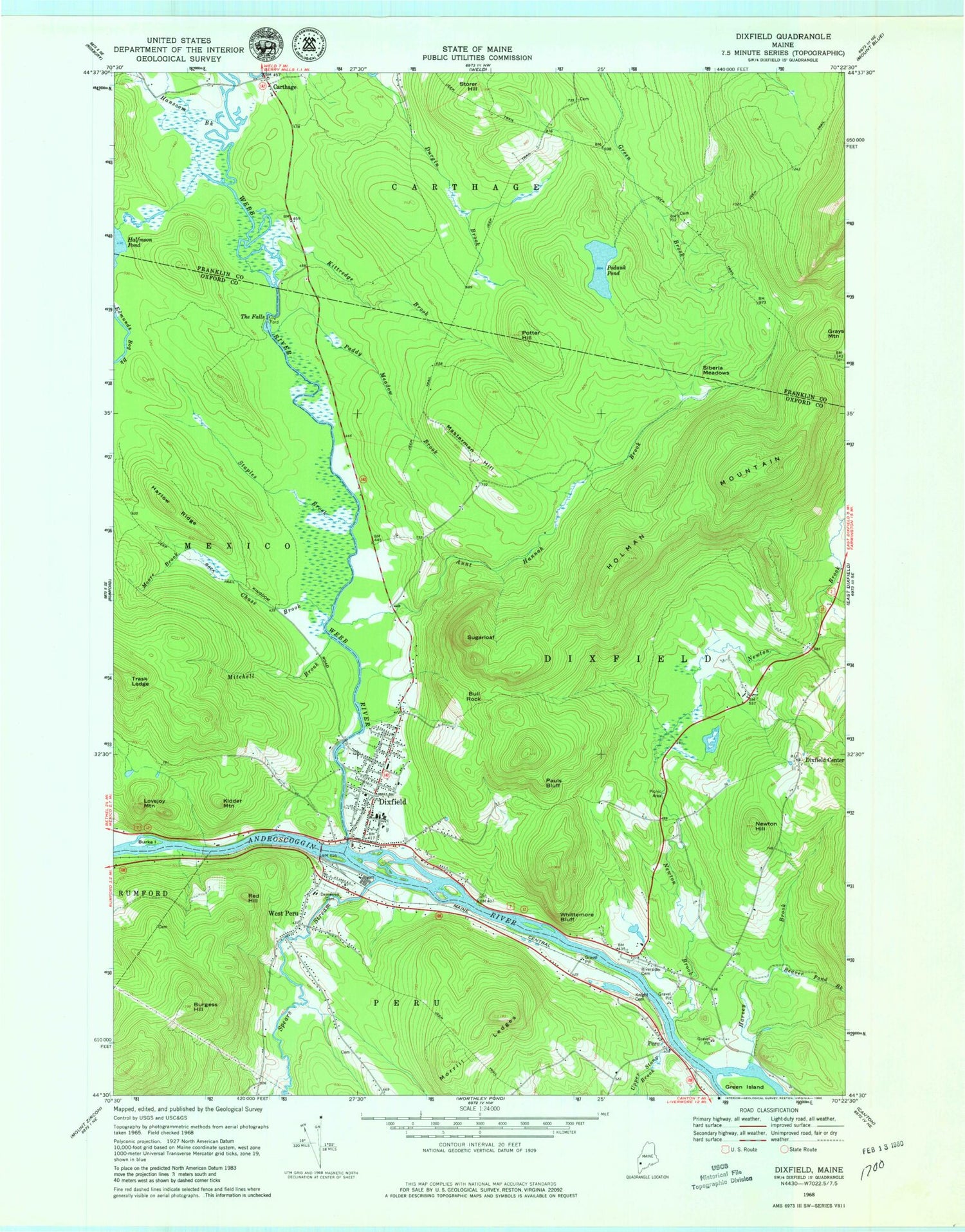 Classic USGS Dixfield Maine 7.5'x7.5' Topo Map Image