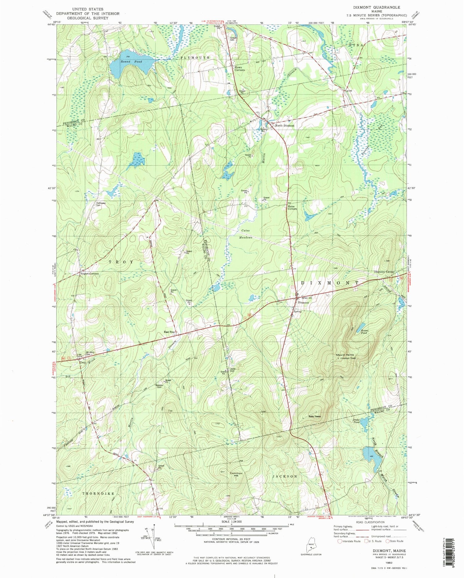 Classic USGS Dixmont Maine 7.5'x7.5' Topo Map Image