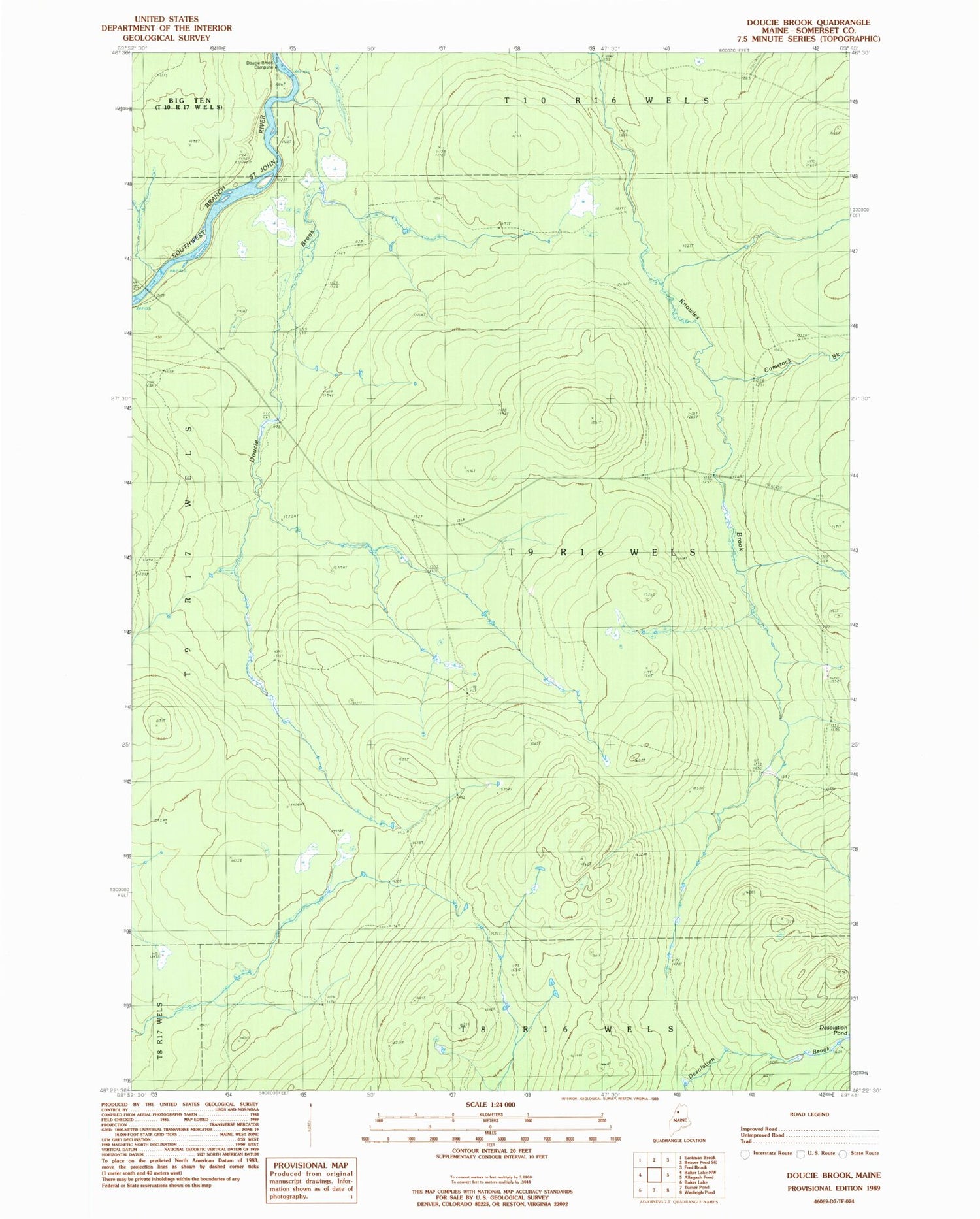 Classic USGS Doucie Brook Maine 7.5'x7.5' Topo Map Image