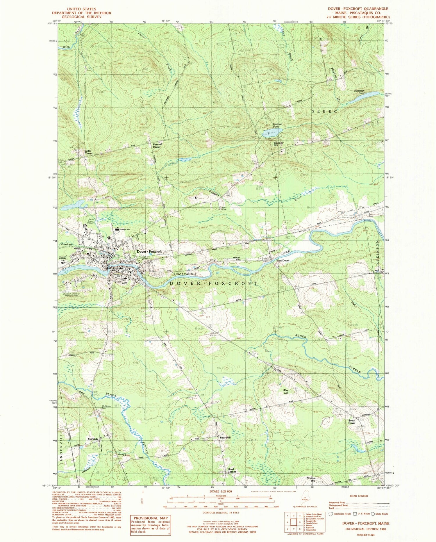 Classic USGS Dover-Foxcroft Maine 7.5'x7.5' Topo Map Image