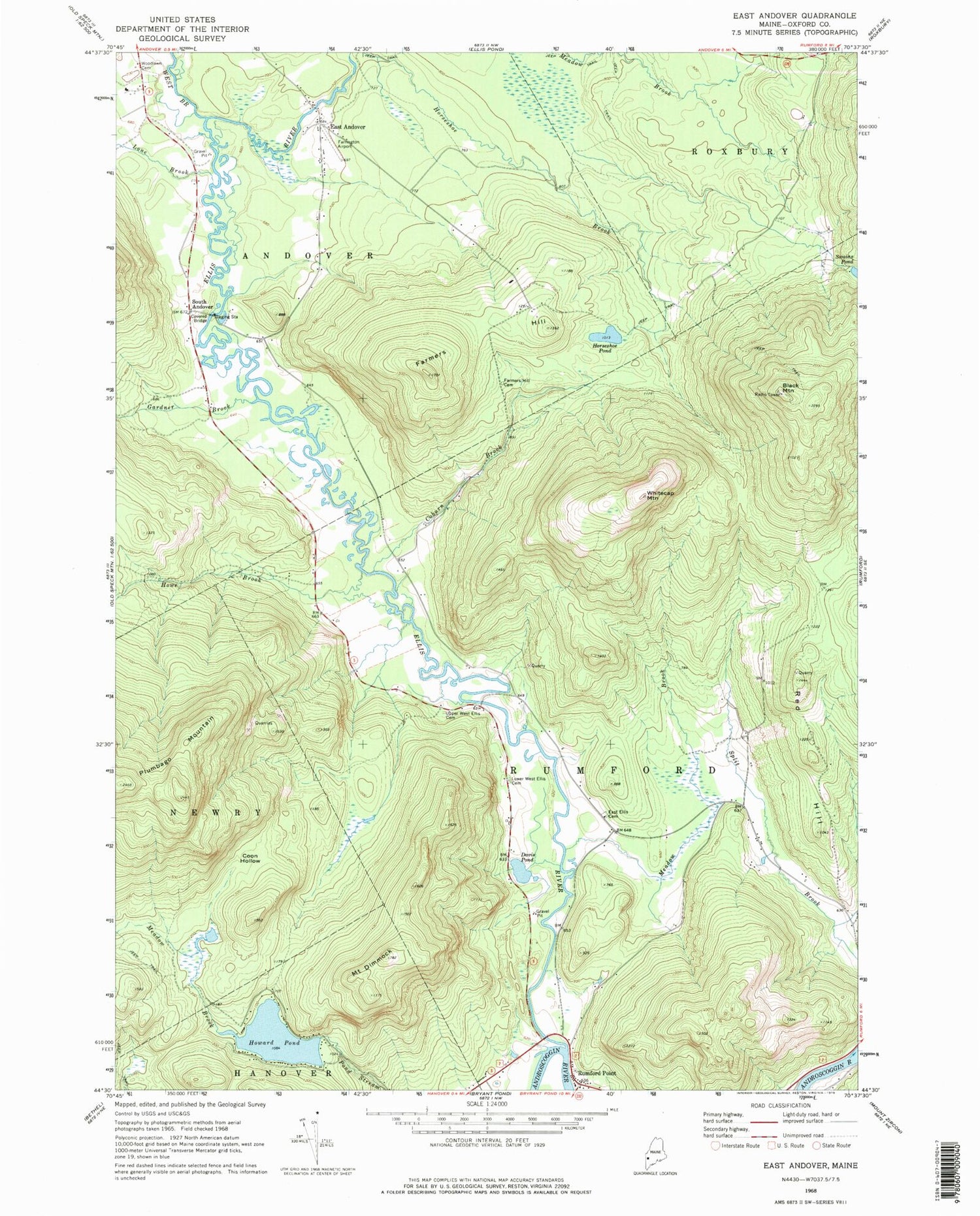 Classic USGS East Andover Maine 7.5'x7.5' Topo Map Image