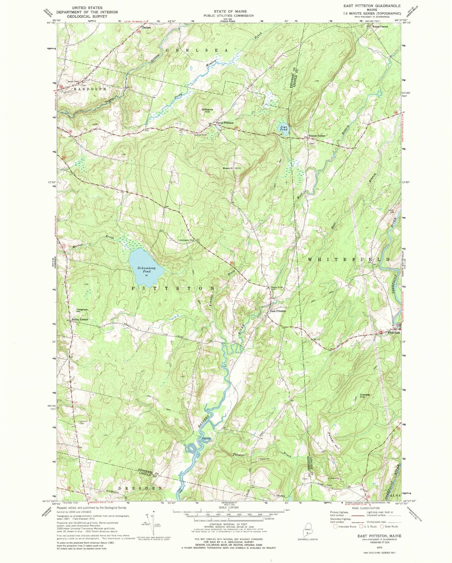 Classic USGS East Pittston Maine 7.5'x7.5' Topo Map Image