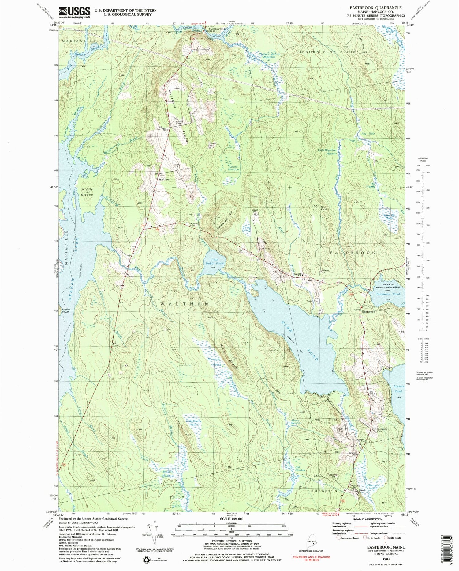 Classic USGS Eastbrook Maine 7.5'x7.5' Topo Map Image