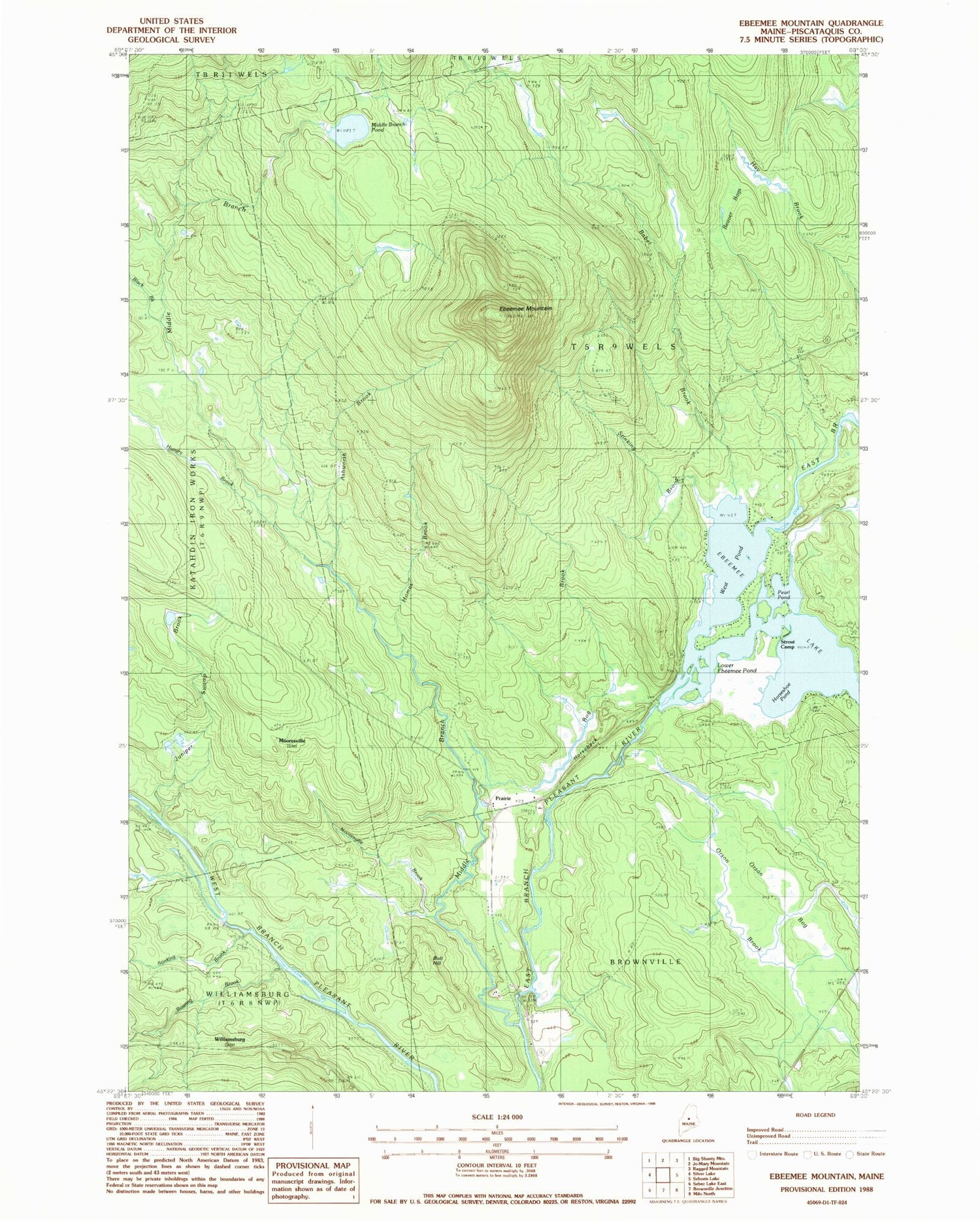 Classic USGS Ebeemee Mountain Maine 7.5'x7.5' Topo Map Image