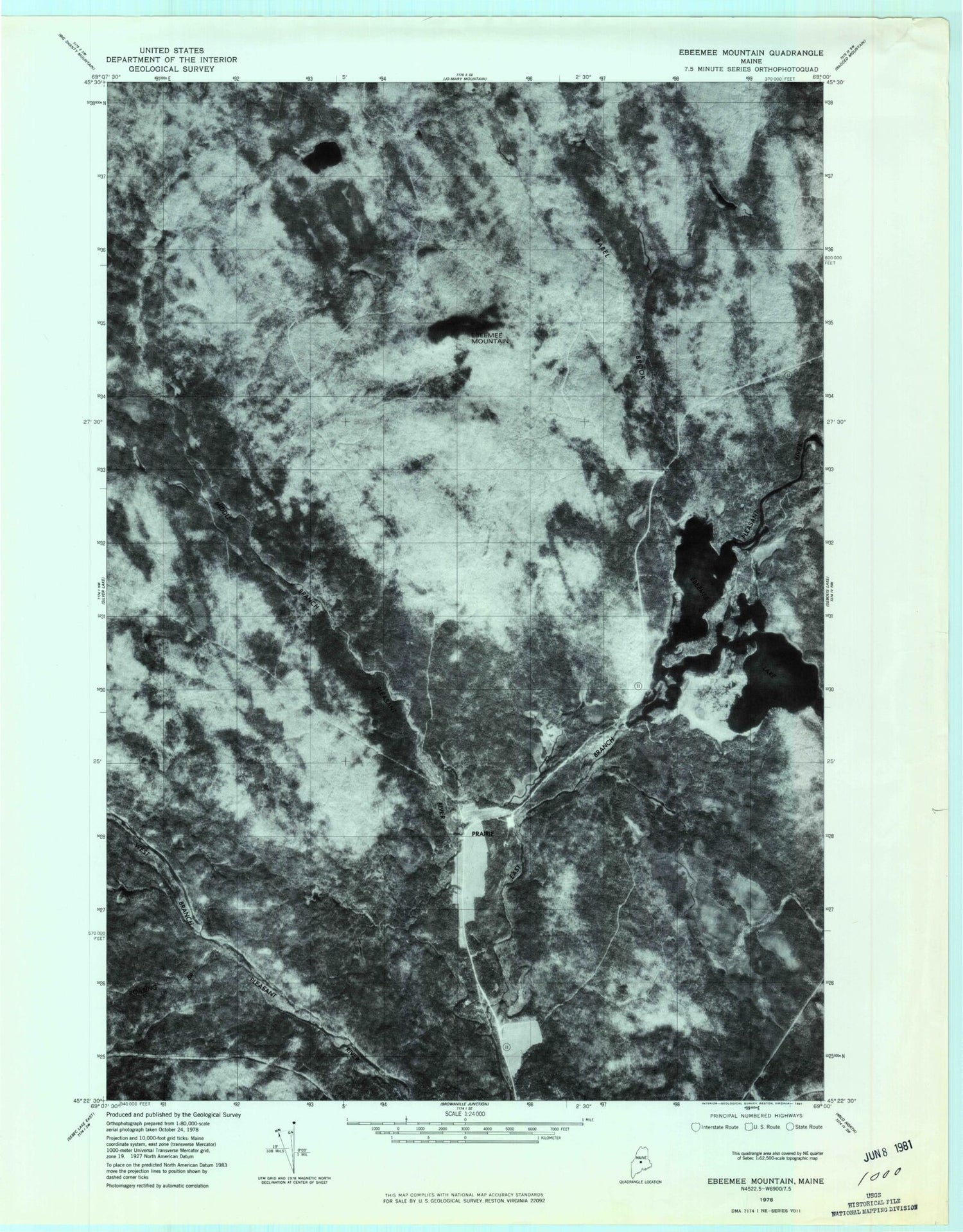 Classic USGS Ebeemee Mountain Maine 7.5'x7.5' Topo Map Image