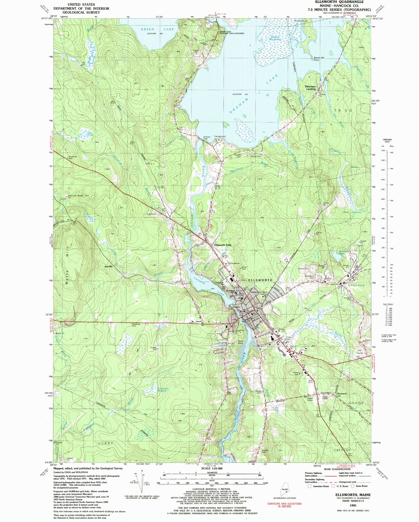 Classic USGS Ellsworth Maine 7.5'x7.5' Topo Map Image
