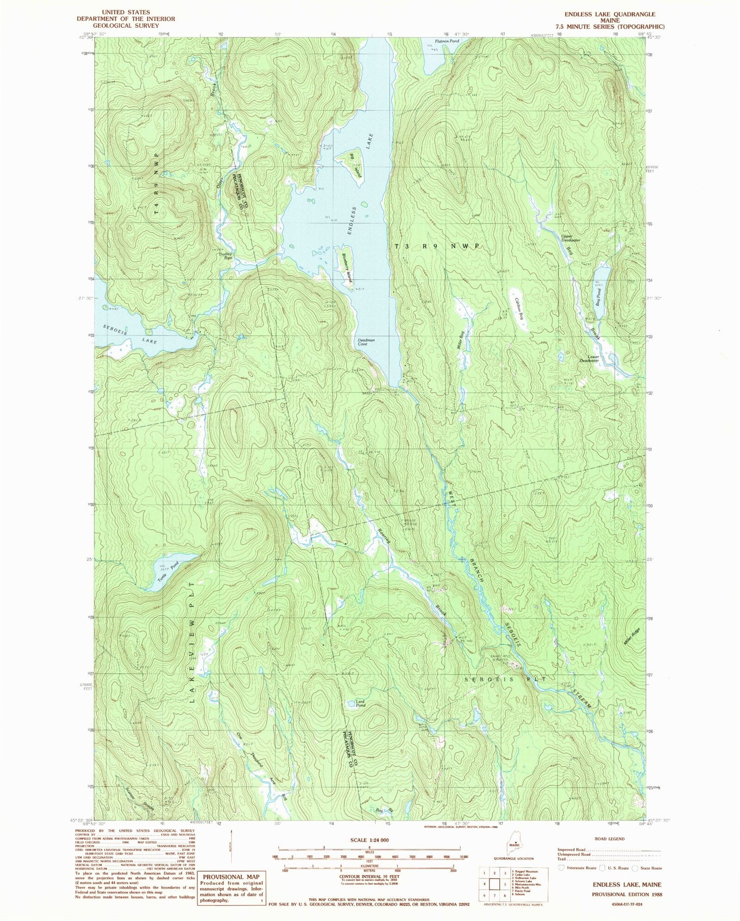 Classic USGS Endless Lake Maine 7.5'x7.5' Topo Map Image