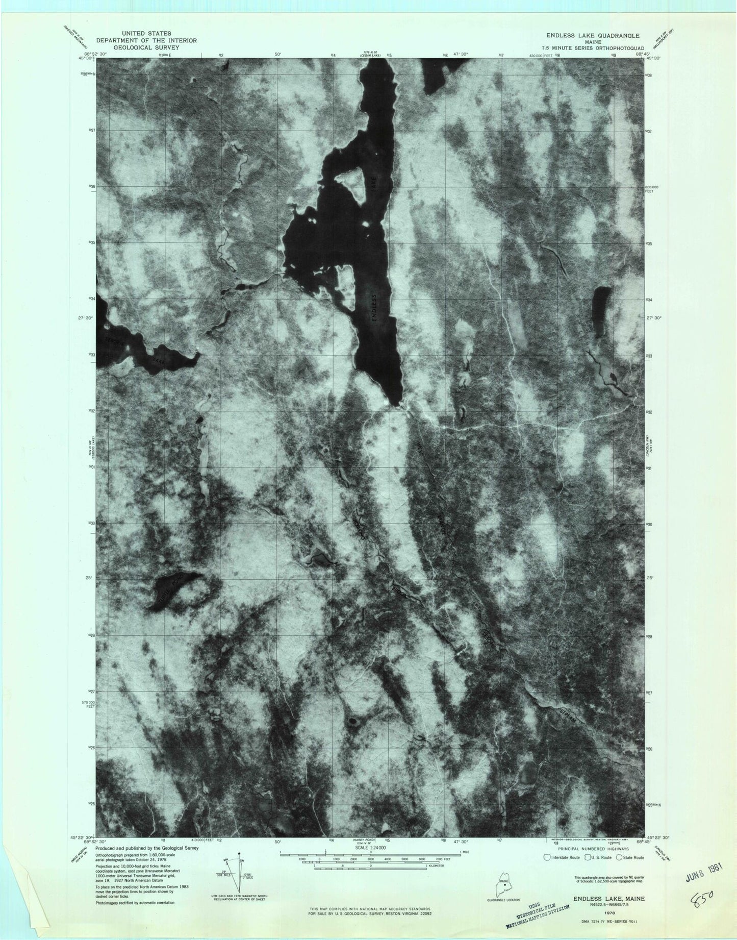 Classic USGS Endless Lake Maine 7.5'x7.5' Topo Map Image