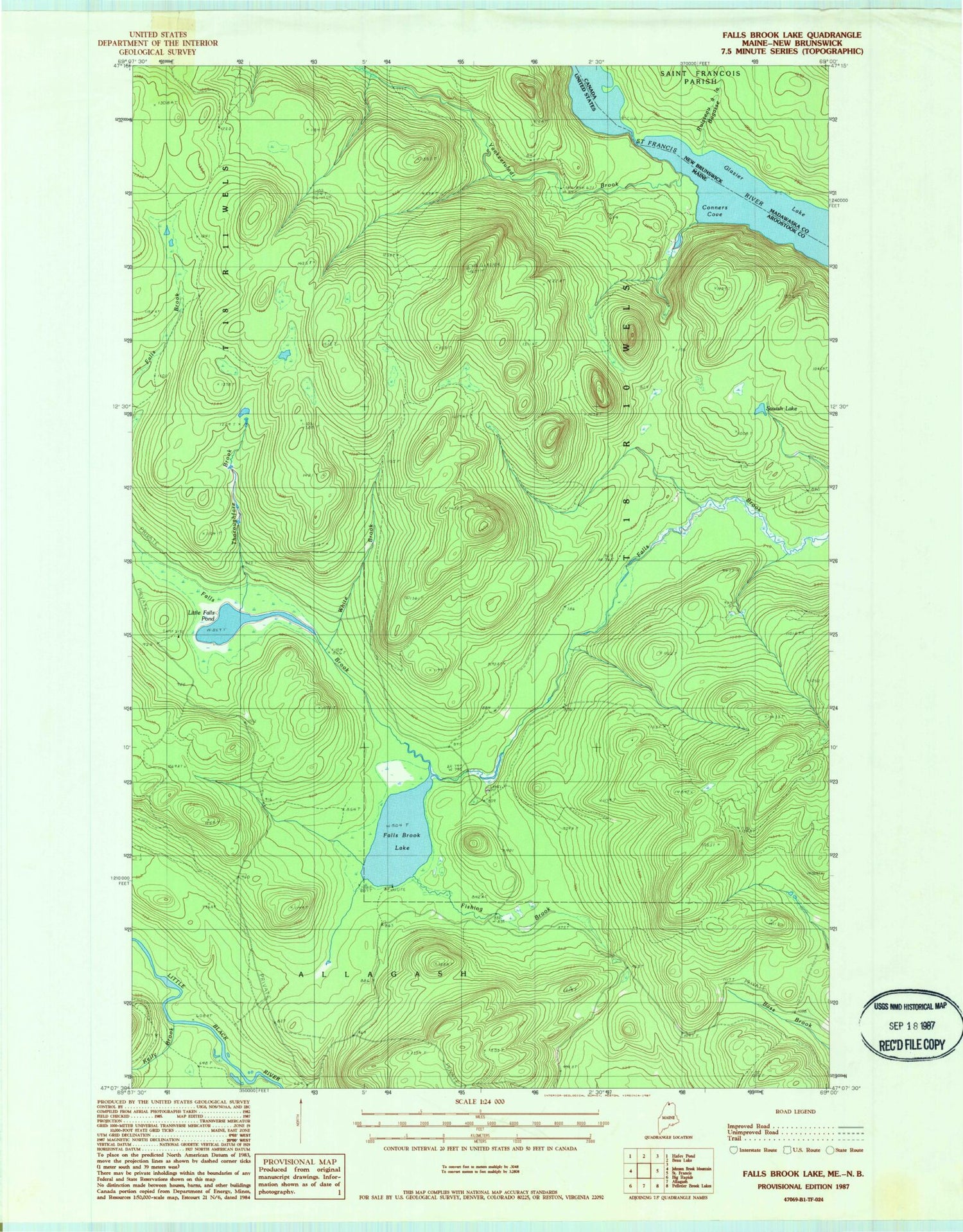 Classic USGS Falls Brook Lake Maine 7.5'x7.5' Topo Map Image