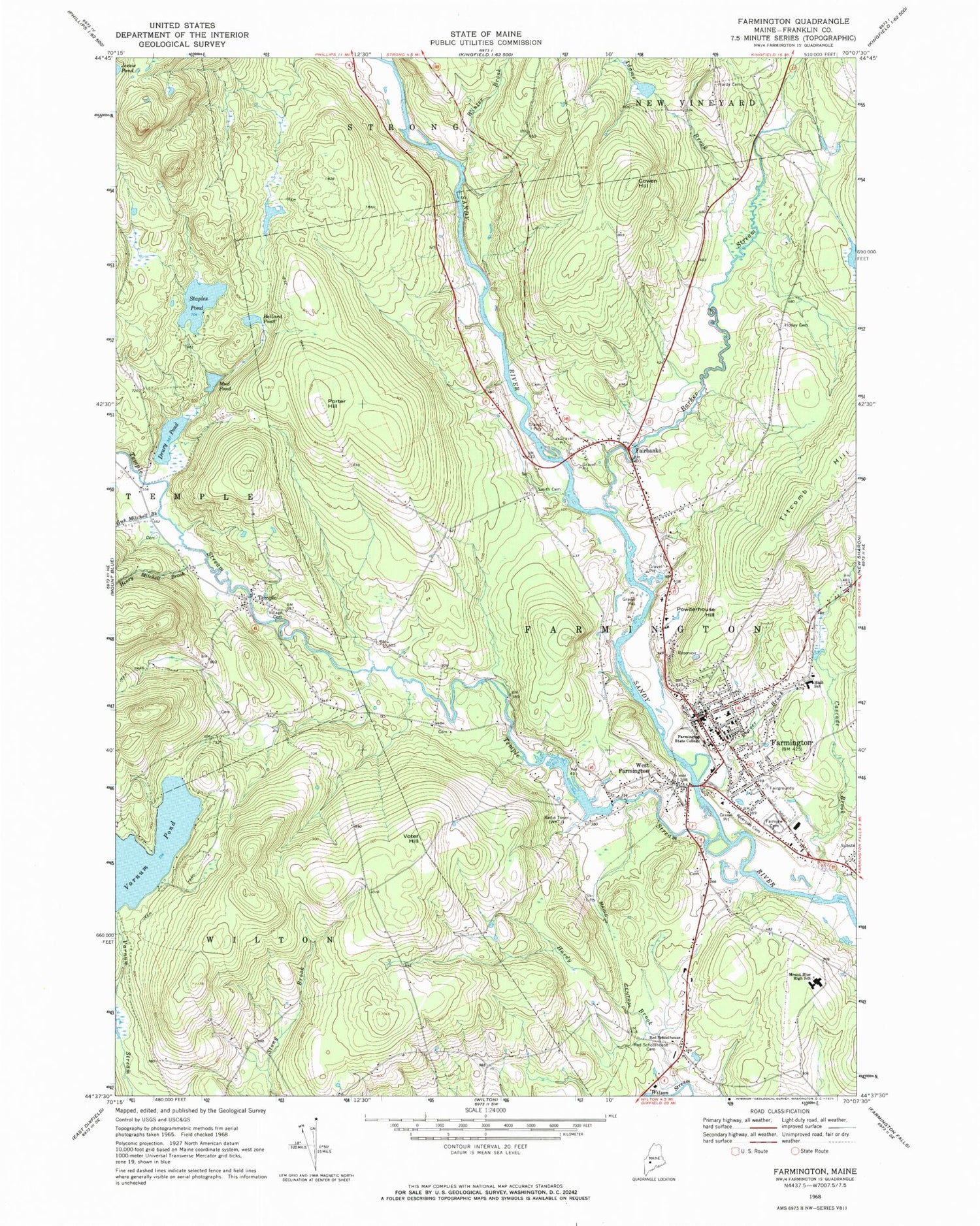 Classic USGS Farmington Maine 7.5'x7.5' Topo Map Image