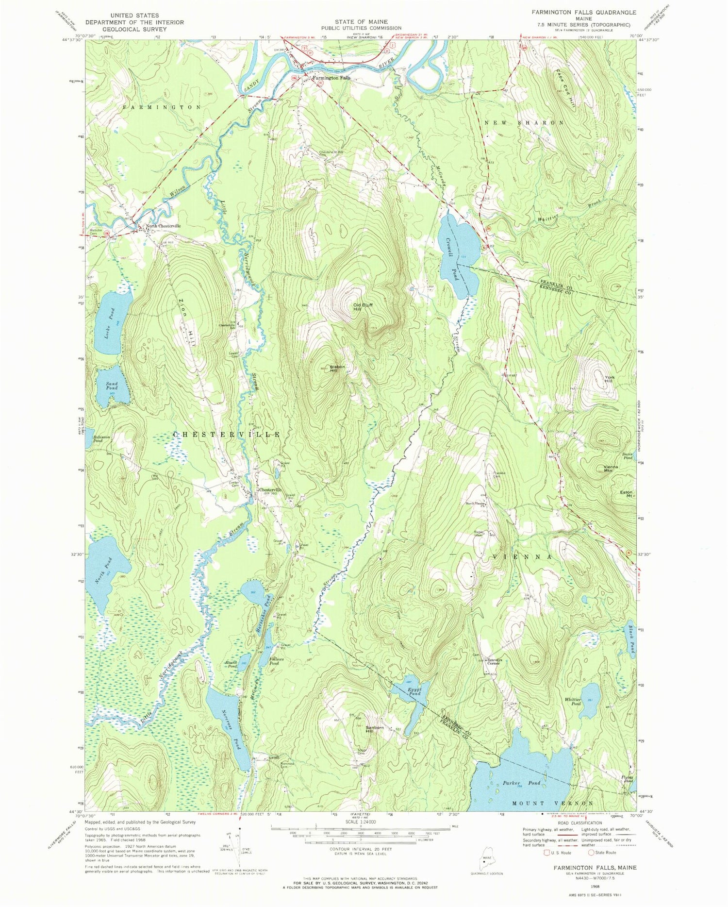 Classic USGS Farmington Falls Maine 7.5'x7.5' Topo Map Image