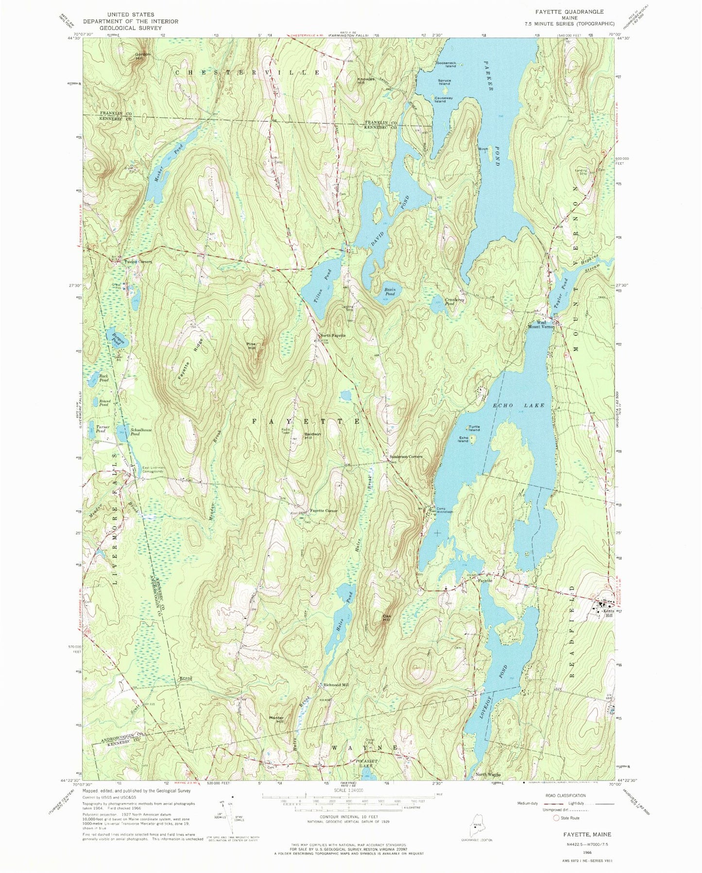 Classic USGS Fayette Maine 7.5'x7.5' Topo Map Image