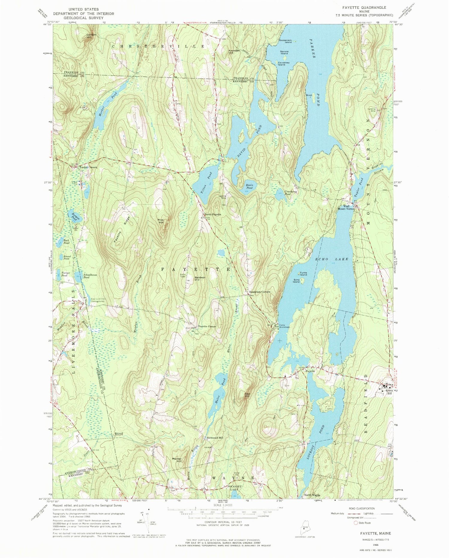 Classic USGS Fayette Maine 7.5'x7.5' Topo Map Image
