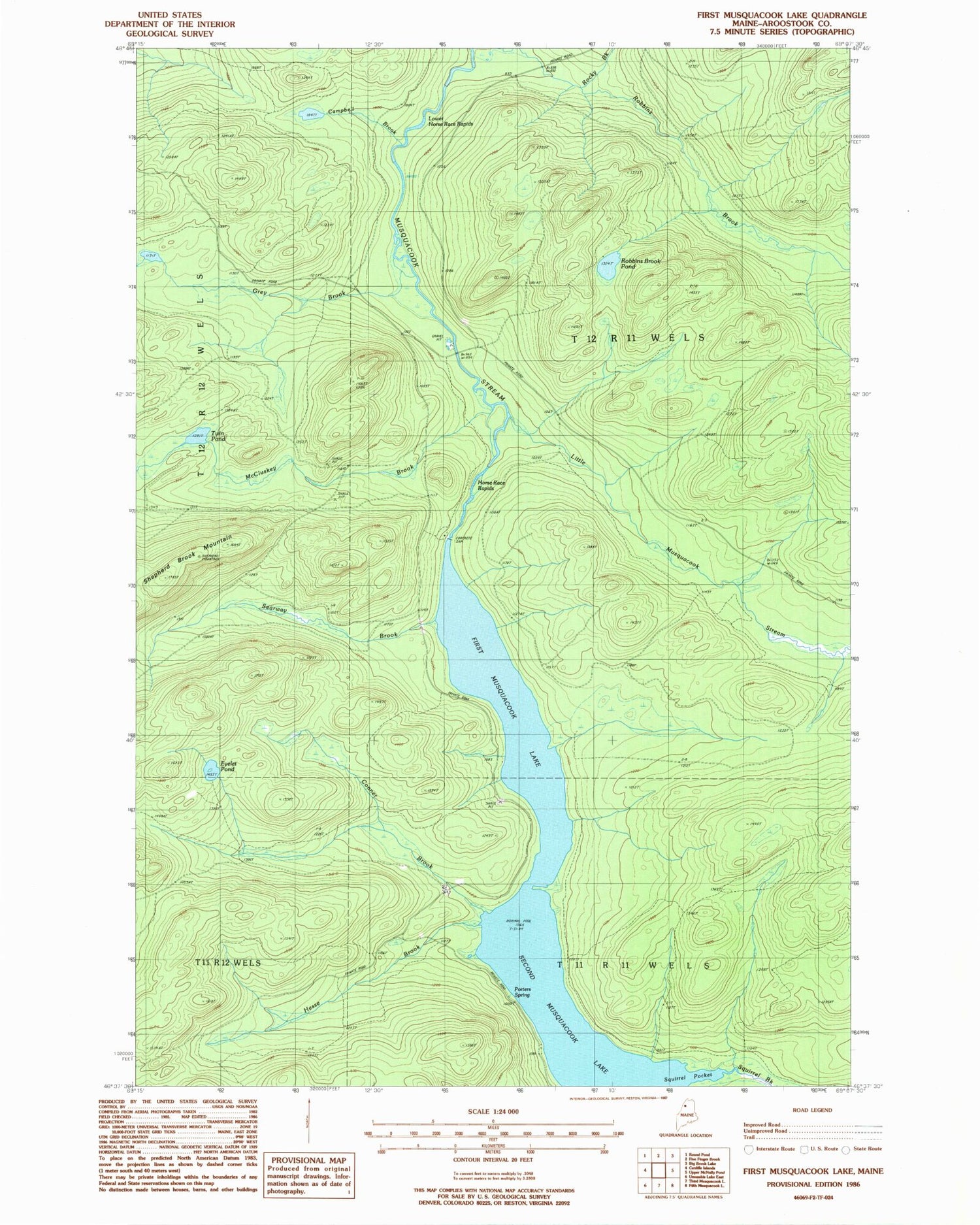 Classic USGS First Musquacook Lake Maine 7.5'x7.5' Topo Map Image