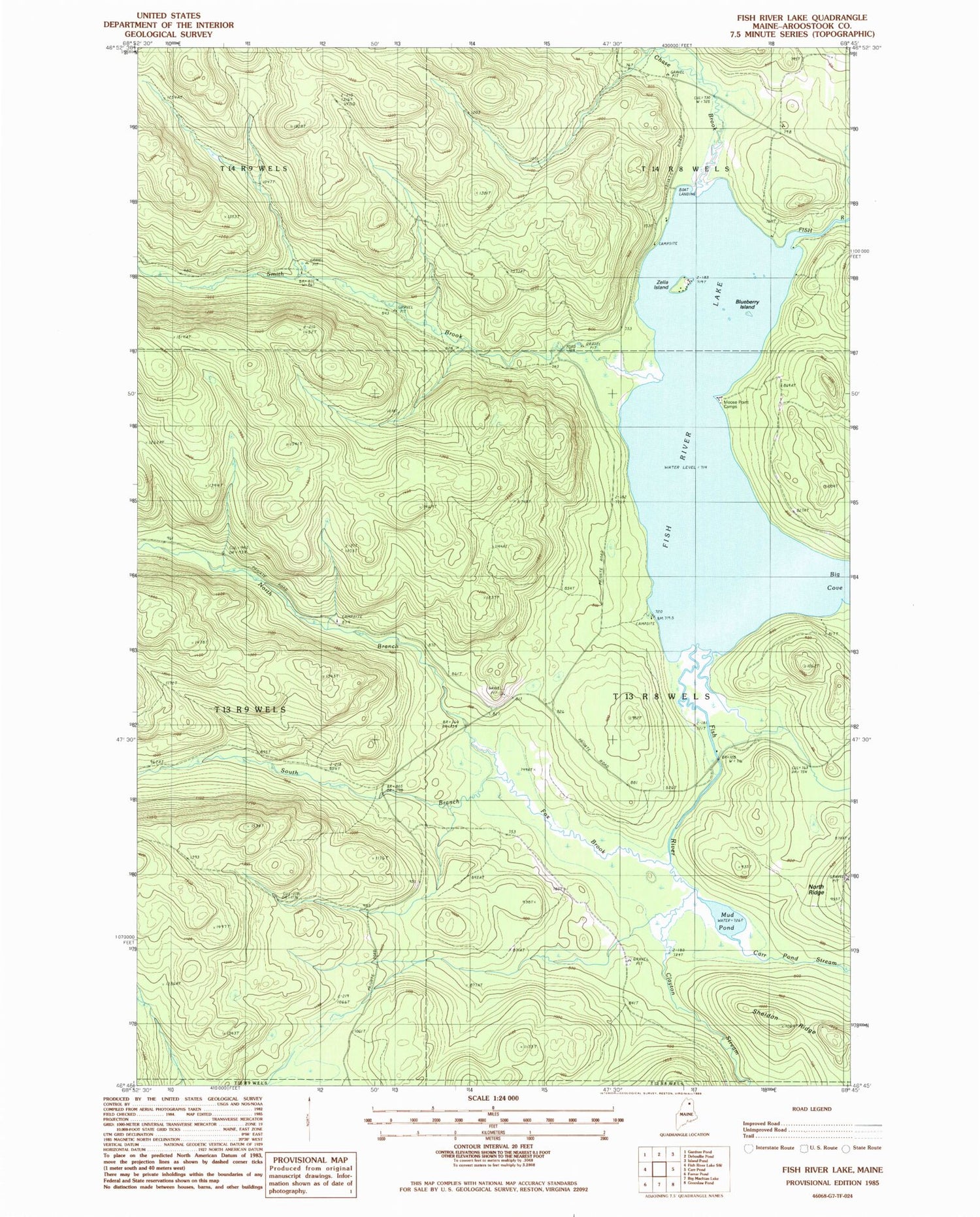 Classic USGS Fish River Lake Maine 7.5'x7.5' Topo Map Image