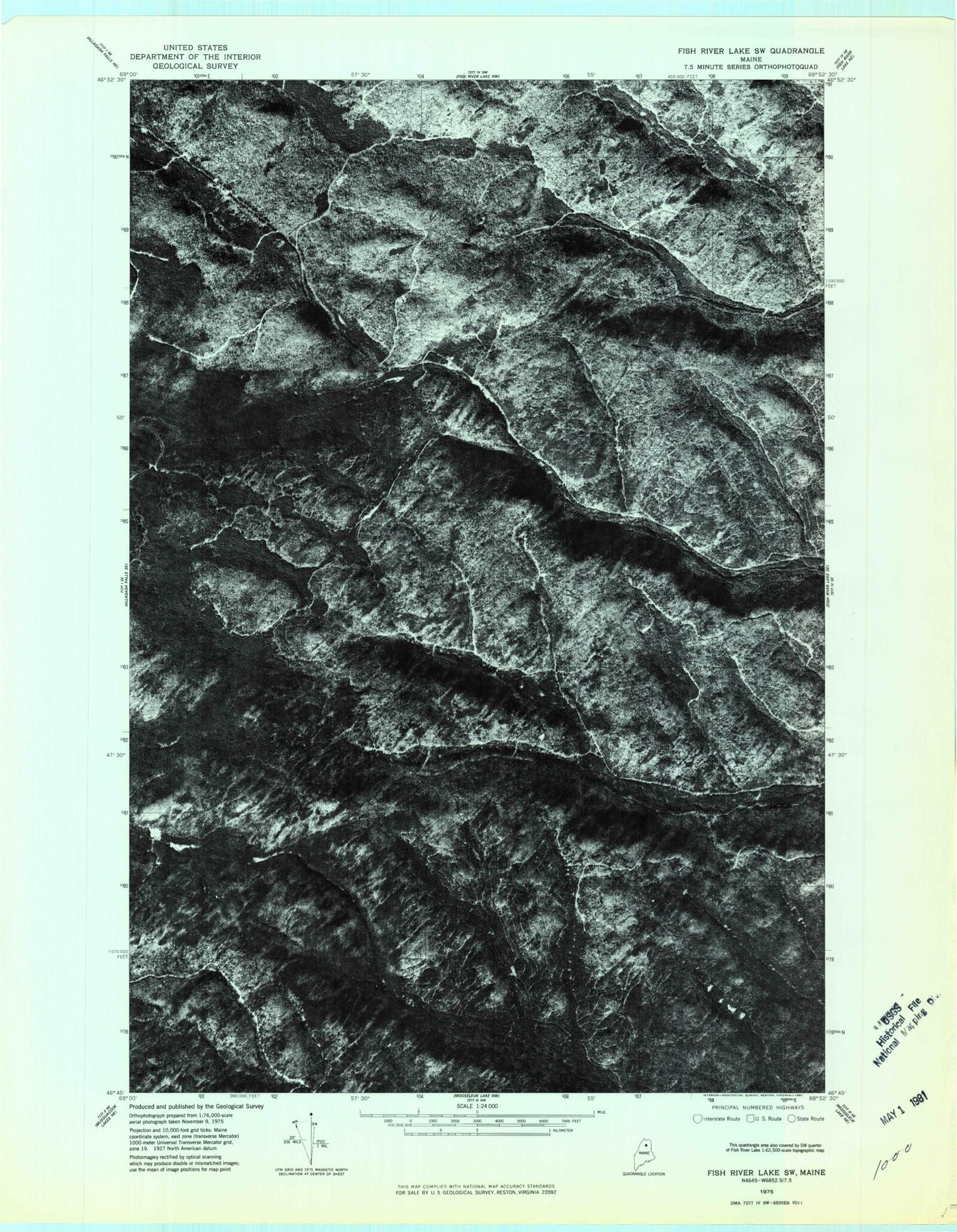 Classic USGS Fish River Lake SW Maine 7.5'x7.5' Topo Map Image