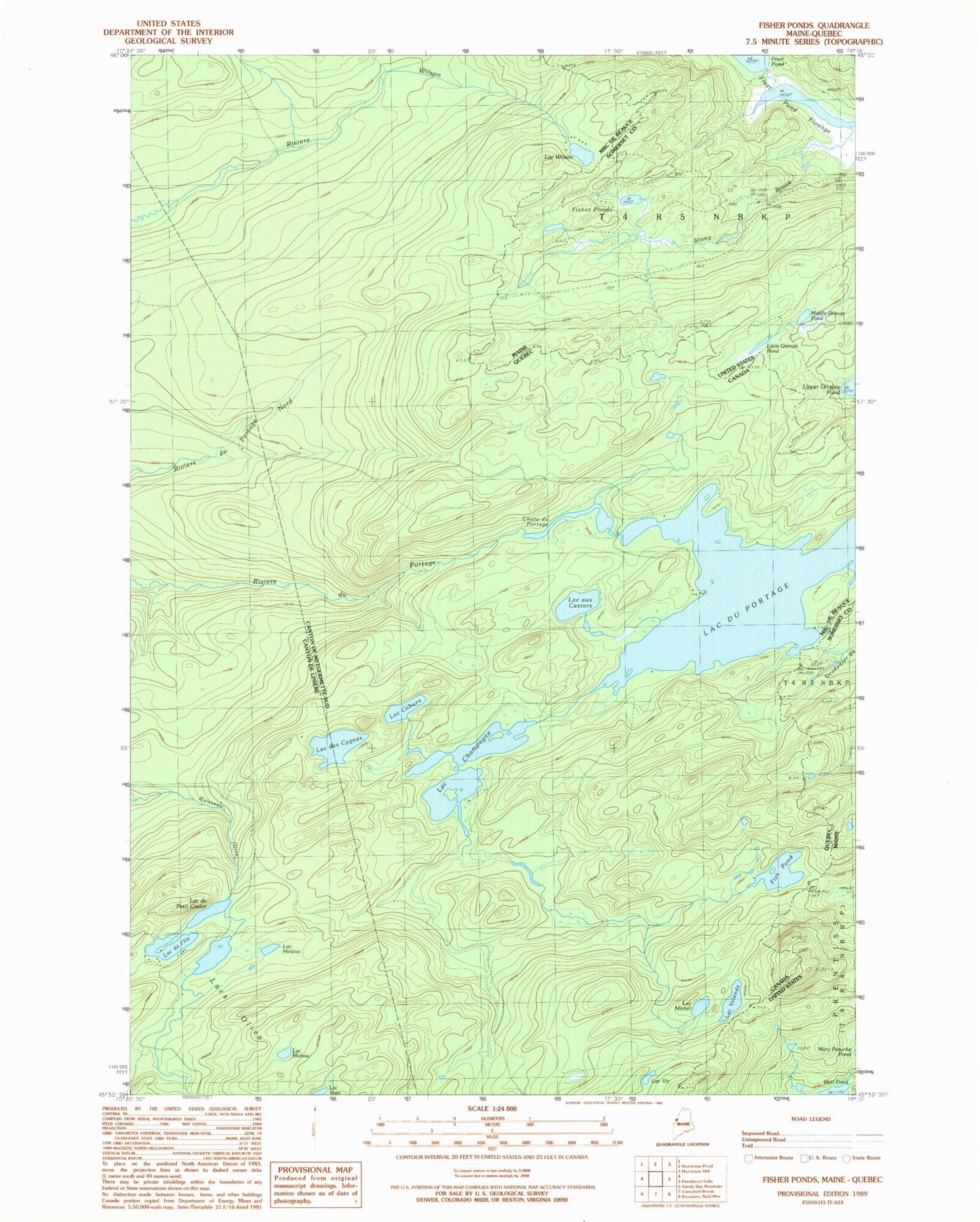 Classic USGS Fisher Ponds Maine 7.5'x7.5' Topo Map Image