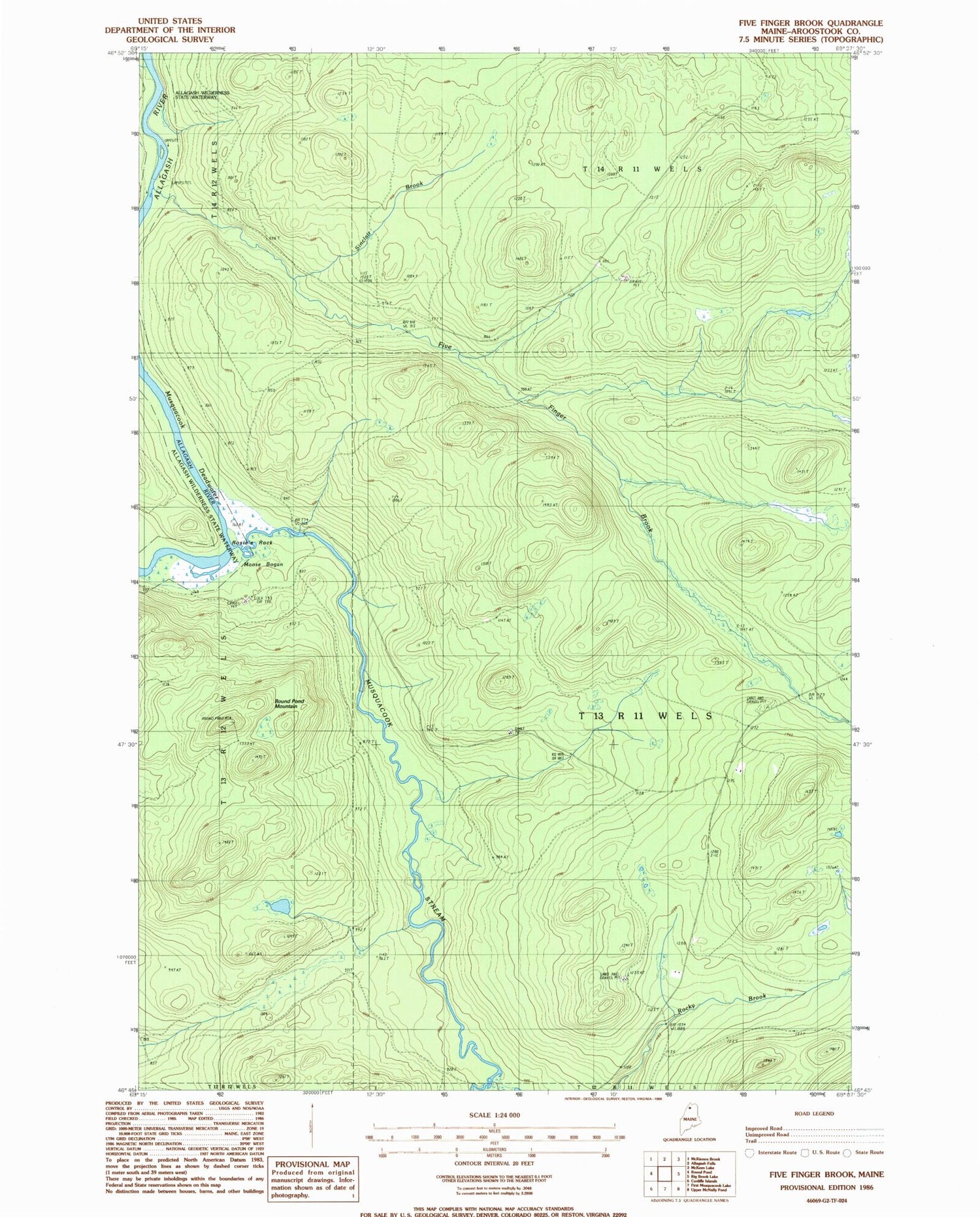Classic USGS Five Finger Brook Maine 7.5'x7.5' Topo Map Image