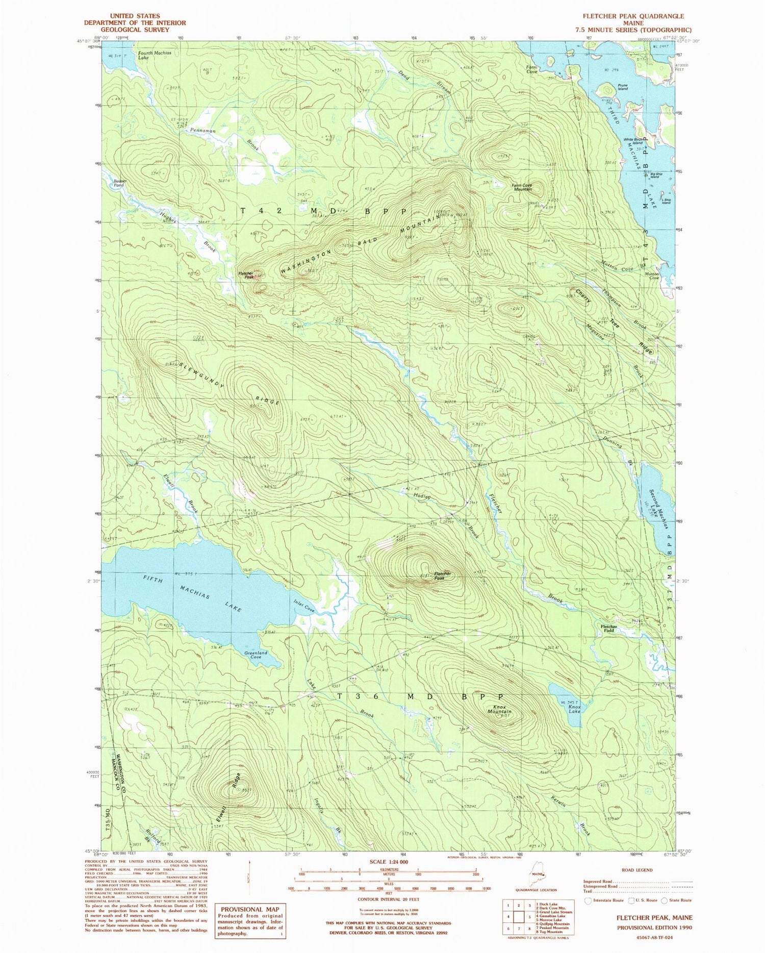 Classic USGS Fletcher Peak Maine 7.5'x7.5' Topo Map Image