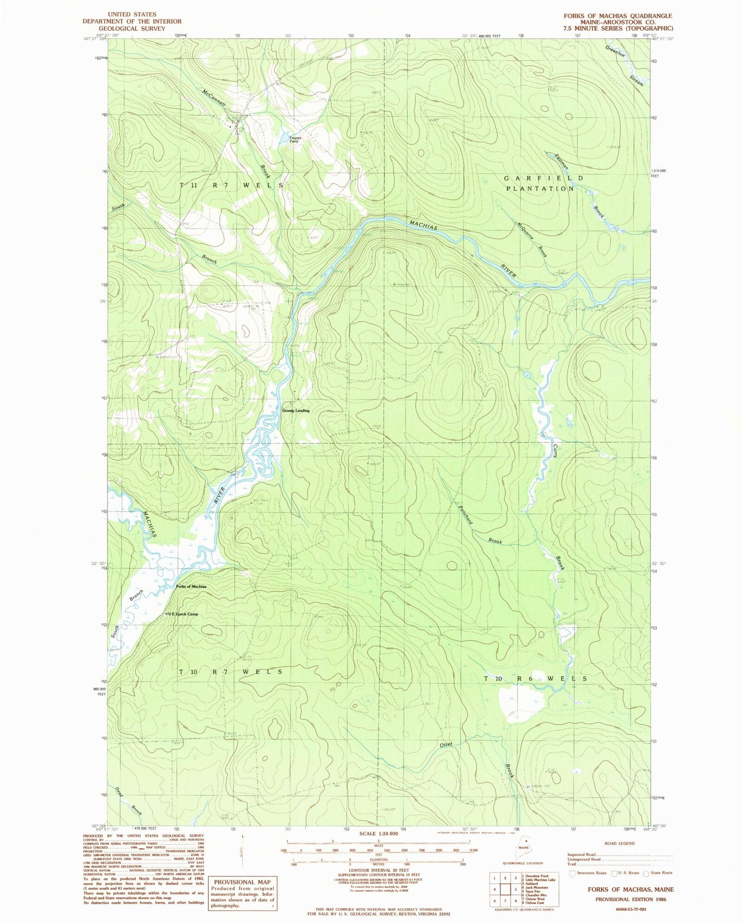 Classic USGS Forks of Machias Maine 7.5'x7.5' Topo Map Image