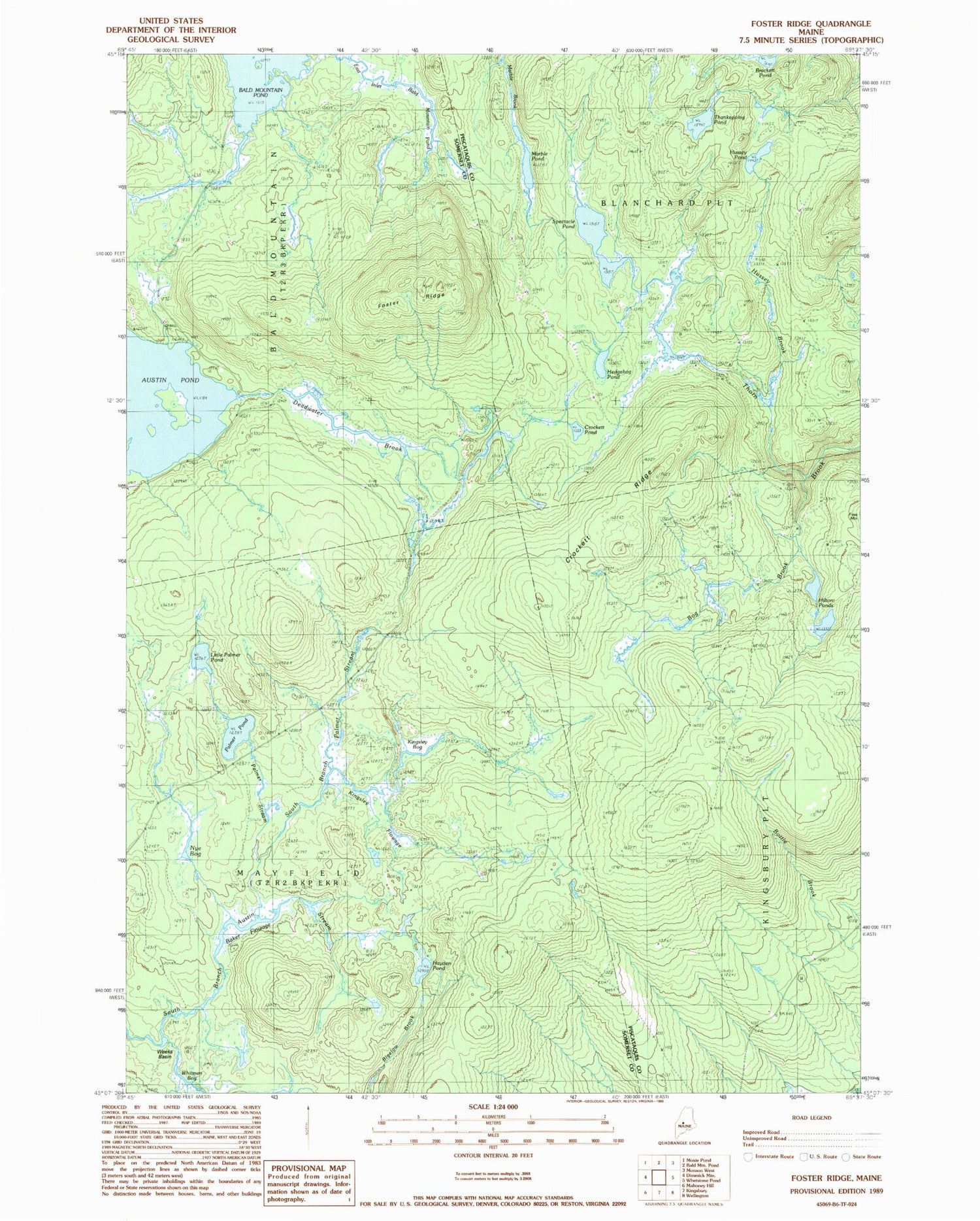Classic USGS Foster Ridge Maine 7.5'x7.5' Topo Map Image